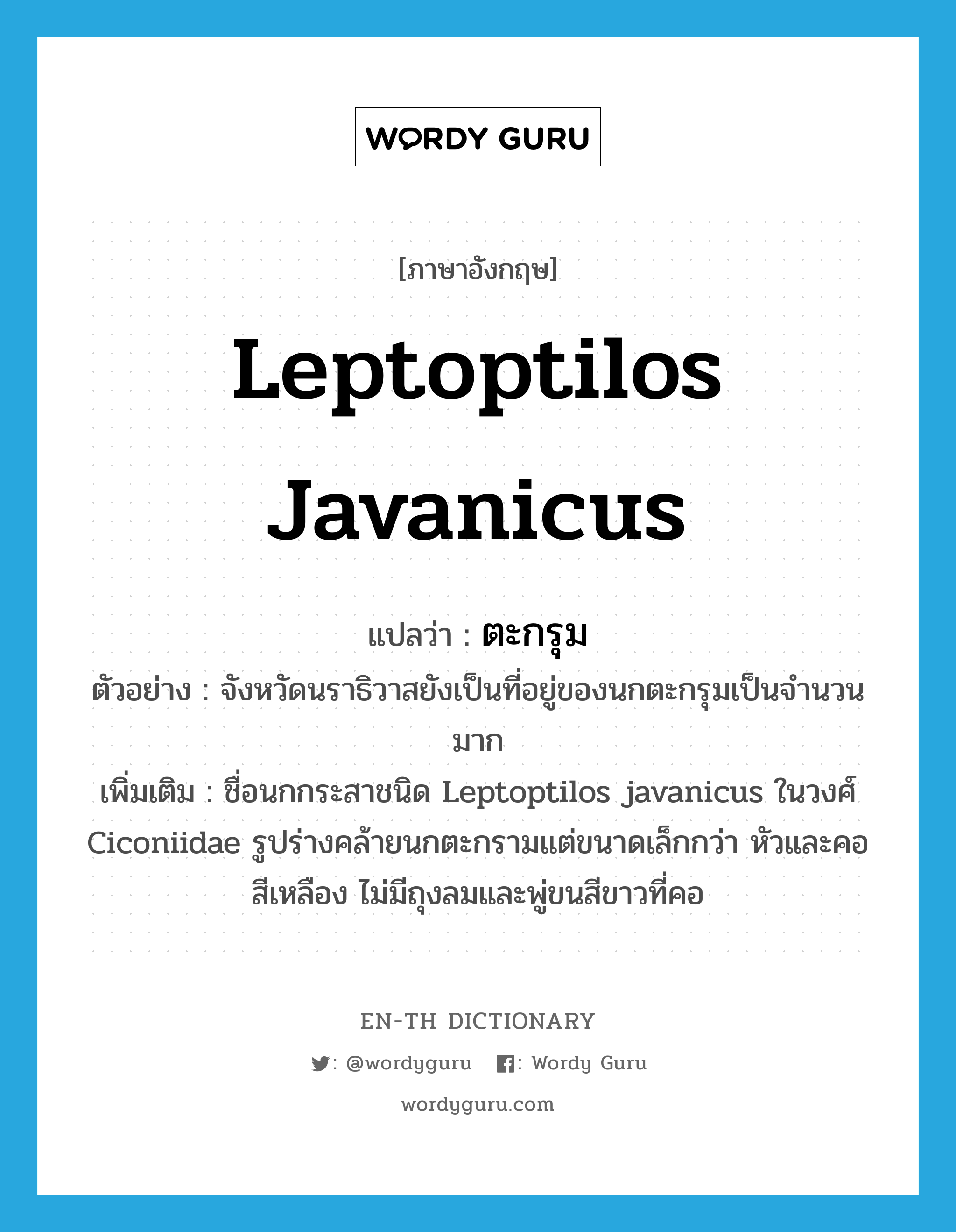 Leptoptilos javanicus แปลว่า?, คำศัพท์ภาษาอังกฤษ Leptoptilos javanicus แปลว่า ตะกรุม ประเภท N ตัวอย่าง จังหวัดนราธิวาสยังเป็นที่อยู่ของนกตะกรุมเป็นจำนวนมาก เพิ่มเติม ชื่อนกกระสาชนิด Leptoptilos javanicus ในวงศ์ Ciconiidae รูปร่างคล้ายนกตะกรามแต่ขนาดเล็กกว่า หัวและคอสีเหลือง ไม่มีถุงลมและพู่ขนสีขาวที่คอ หมวด N