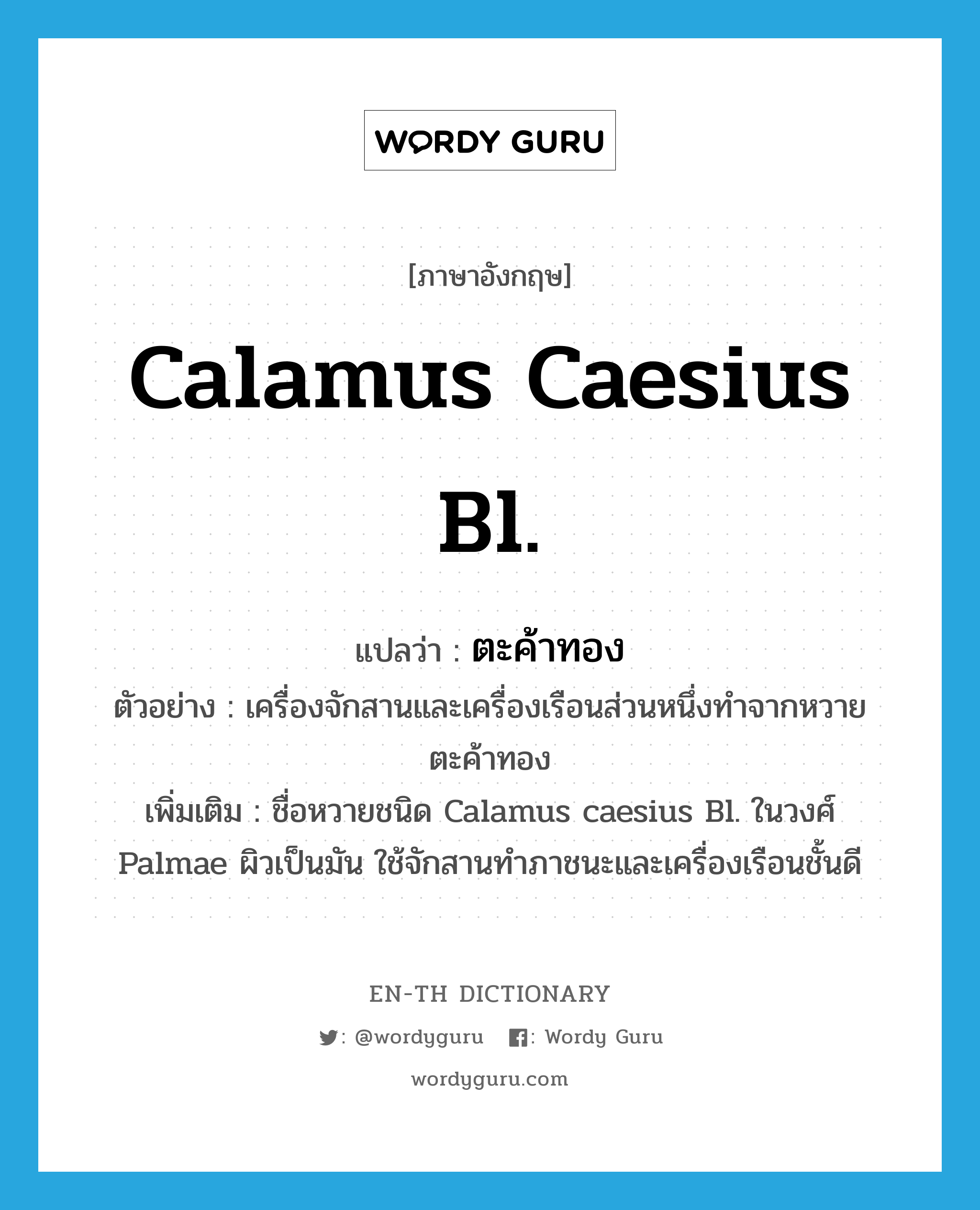 Calamus caesius Bl. แปลว่า?, คำศัพท์ภาษาอังกฤษ Calamus caesius Bl. แปลว่า ตะค้าทอง ประเภท N ตัวอย่าง เครื่องจักสานและเครื่องเรือนส่วนหนึ่งทำจากหวายตะค้าทอง เพิ่มเติม ชื่อหวายชนิด Calamus caesius Bl. ในวงศ์ Palmae ผิวเป็นมัน ใช้จักสานทำภาชนะและเครื่องเรือนชั้นดี หมวด N