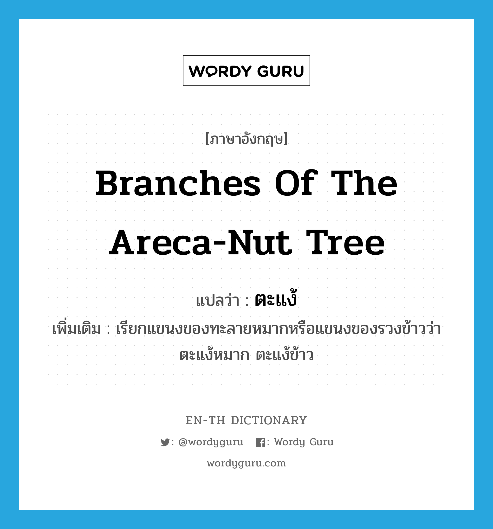 branches of the areca-nut tree แปลว่า?, คำศัพท์ภาษาอังกฤษ branches of the areca-nut tree แปลว่า ตะแง้ ประเภท N เพิ่มเติม เรียกแขนงของทะลายหมากหรือแขนงของรวงข้าวว่า ตะแง้หมาก ตะแง้ข้าว หมวด N