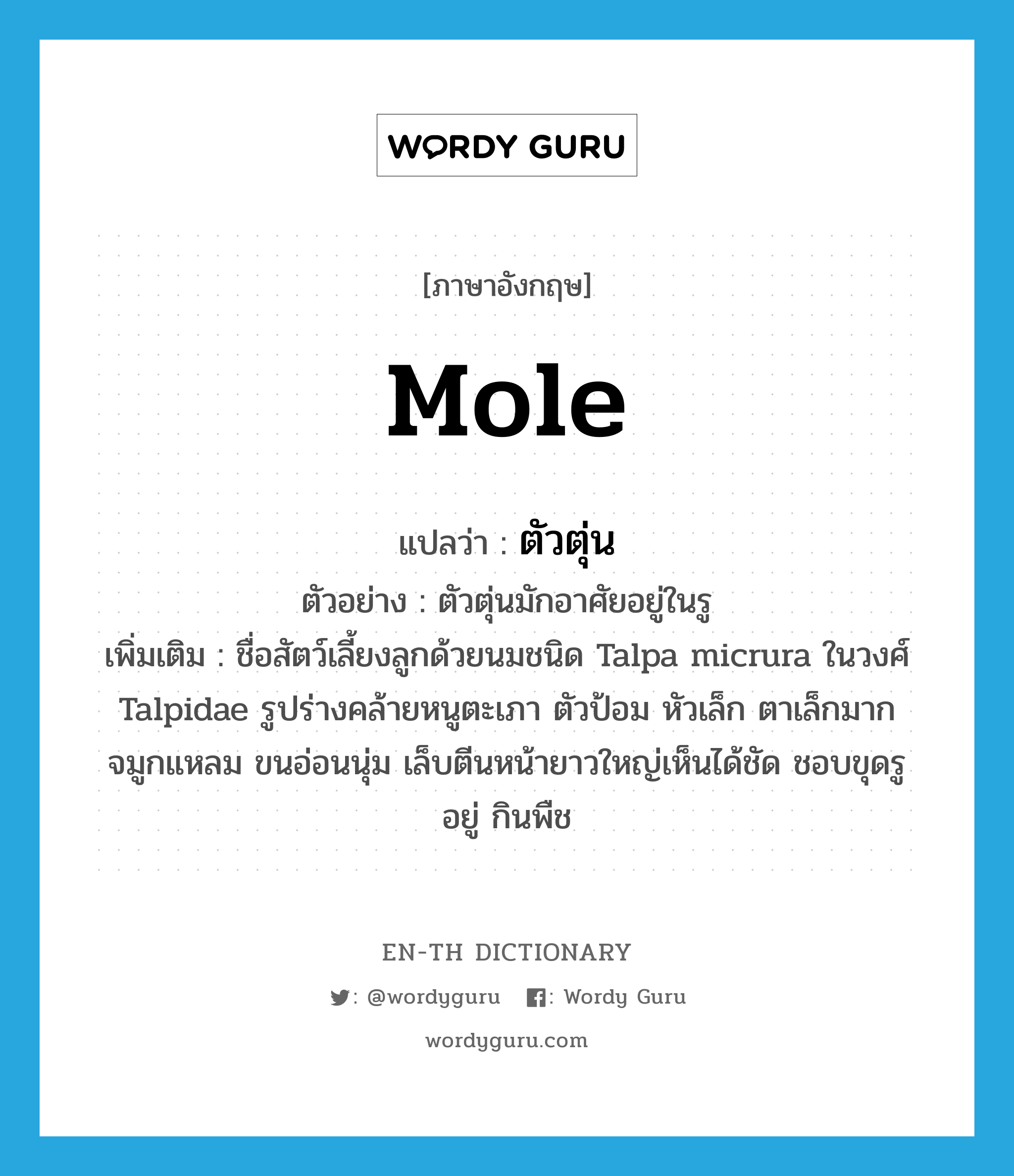 mole แปลว่า?, คำศัพท์ภาษาอังกฤษ mole แปลว่า ตัวตุ่น ประเภท N ตัวอย่าง ตัวตุ่นมักอาศัยอยู่ในรู เพิ่มเติม ชื่อสัตว์เลี้ยงลูกด้วยนมชนิด Talpa micrura ในวงศ์ Talpidae รูปร่างคล้ายหนูตะเภา ตัวป้อม หัวเล็ก ตาเล็กมาก จมูกแหลม ขนอ่อนนุ่ม เล็บตีนหน้ายาวใหญ่เห็นได้ชัด ชอบขุดรูอยู่ กินพืช หมวด N