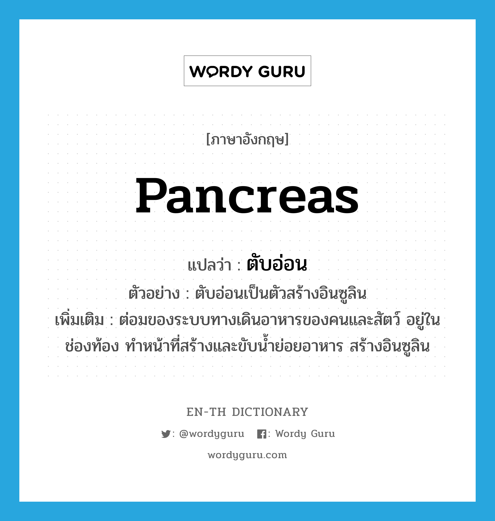 pancreas แปลว่า?, คำศัพท์ภาษาอังกฤษ pancreas แปลว่า ตับอ่อน ประเภท N ตัวอย่าง ตับอ่อนเป็นตัวสร้างอินซูลิน เพิ่มเติม ต่อมของระบบทางเดินอาหารของคนและสัตว์ อยู่ในช่องท้อง ทำหน้าที่สร้างและขับน้ำย่อยอาหาร สร้างอินซูลิน หมวด N