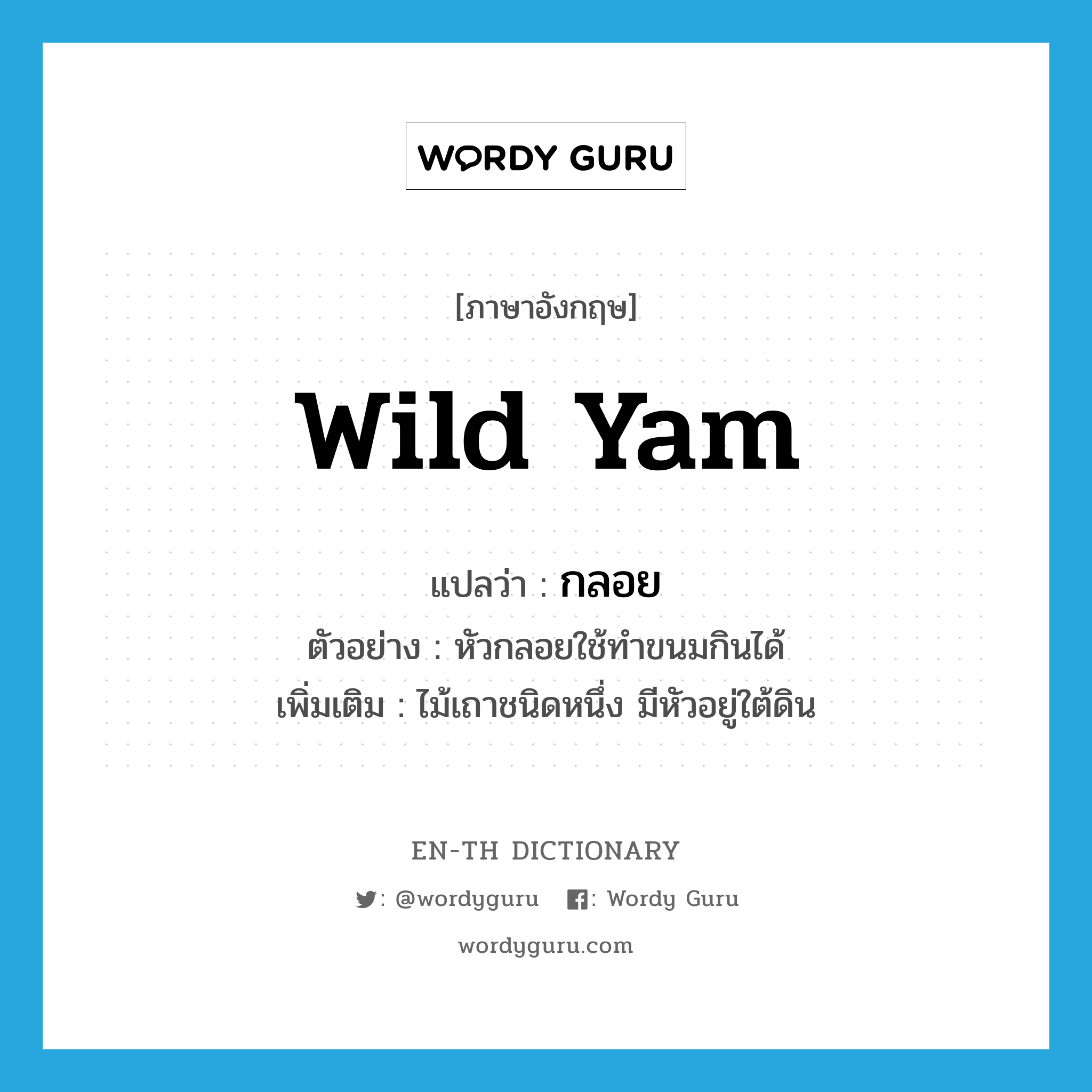 wild yam แปลว่า?, คำศัพท์ภาษาอังกฤษ wild yam แปลว่า กลอย ประเภท N ตัวอย่าง หัวกลอยใช้ทำขนมกินได้ เพิ่มเติม ไม้เถาชนิดหนึ่ง มีหัวอยู่ใต้ดิน หมวด N