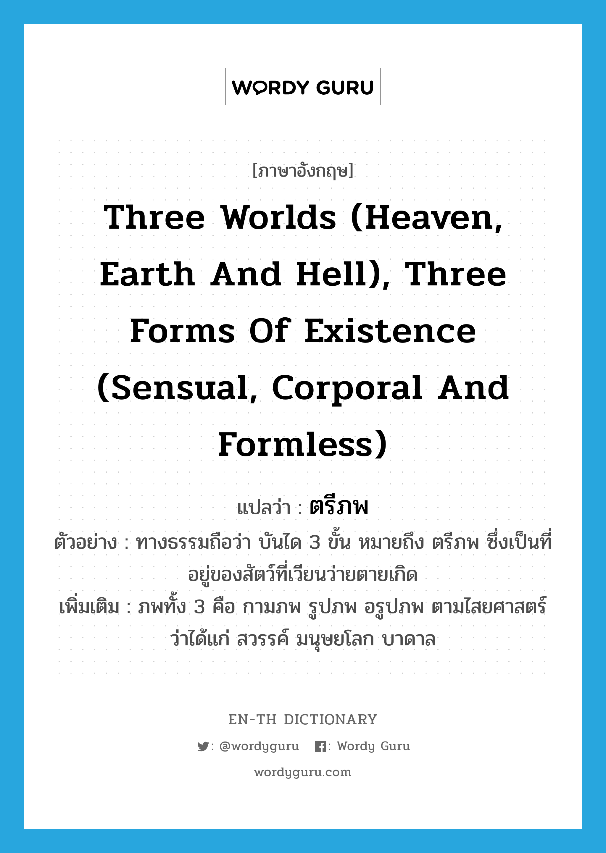 three worlds (heaven, earth and hell), three forms of existence (sensual, corporal and formless) แปลว่า?, คำศัพท์ภาษาอังกฤษ three worlds (heaven, earth and hell), three forms of existence (sensual, corporal and formless) แปลว่า ตรีภพ ประเภท N ตัวอย่าง ทางธรรมถือว่า บันได 3 ขั้น หมายถึง ตรีภพ ซึ่งเป็นที่อยู่ของสัตว์ที่เวียนว่ายตายเกิด เพิ่มเติม ภพทั้ง 3 คือ กามภพ รูปภพ อรูปภพ ตามไสยศาสตร์ว่าได้แก่ สวรรค์ มนุษยโลก บาดาล หมวด N