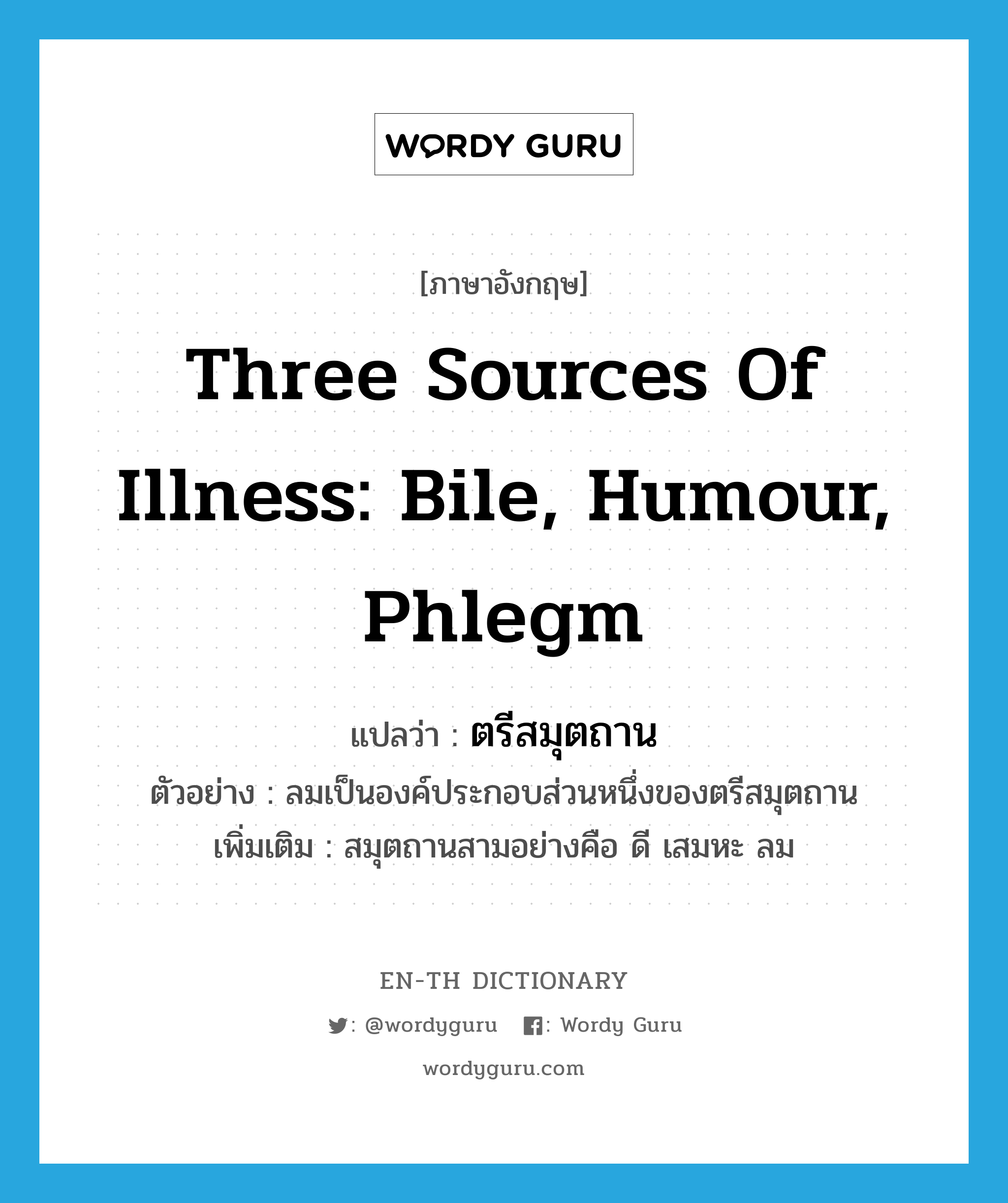three sources of illness: bile, humour, phlegm แปลว่า?, คำศัพท์ภาษาอังกฤษ three sources of illness: bile, humour, phlegm แปลว่า ตรีสมุตถาน ประเภท N ตัวอย่าง ลมเป็นองค์ประกอบส่วนหนึ่งของตรีสมุตถาน เพิ่มเติม สมุตถานสามอย่างคือ ดี เสมหะ ลม หมวด N