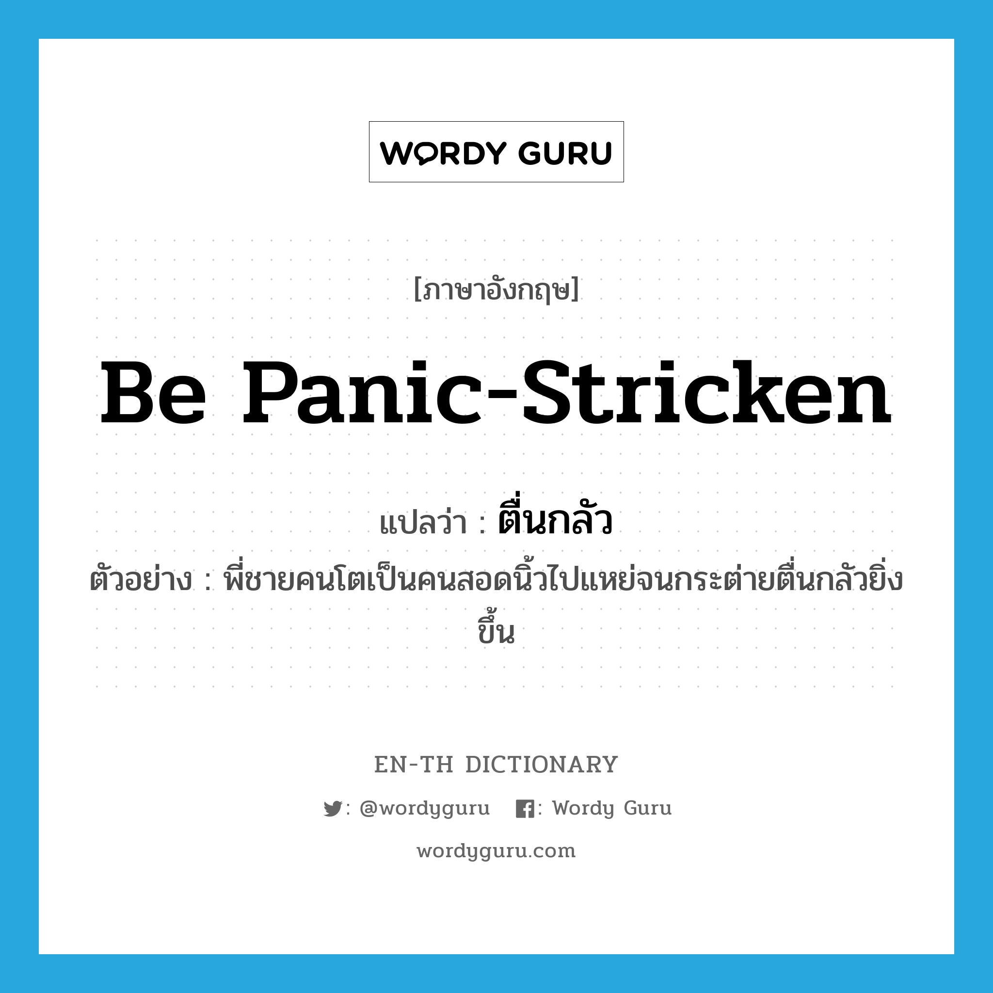 be panic-stricken แปลว่า?, คำศัพท์ภาษาอังกฤษ be panic-stricken แปลว่า ตื่นกลัว ประเภท V ตัวอย่าง พี่ชายคนโตเป็นคนสอดนิ้วไปแหย่จนกระต่ายตื่นกลัวยิ่งขึ้น หมวด V