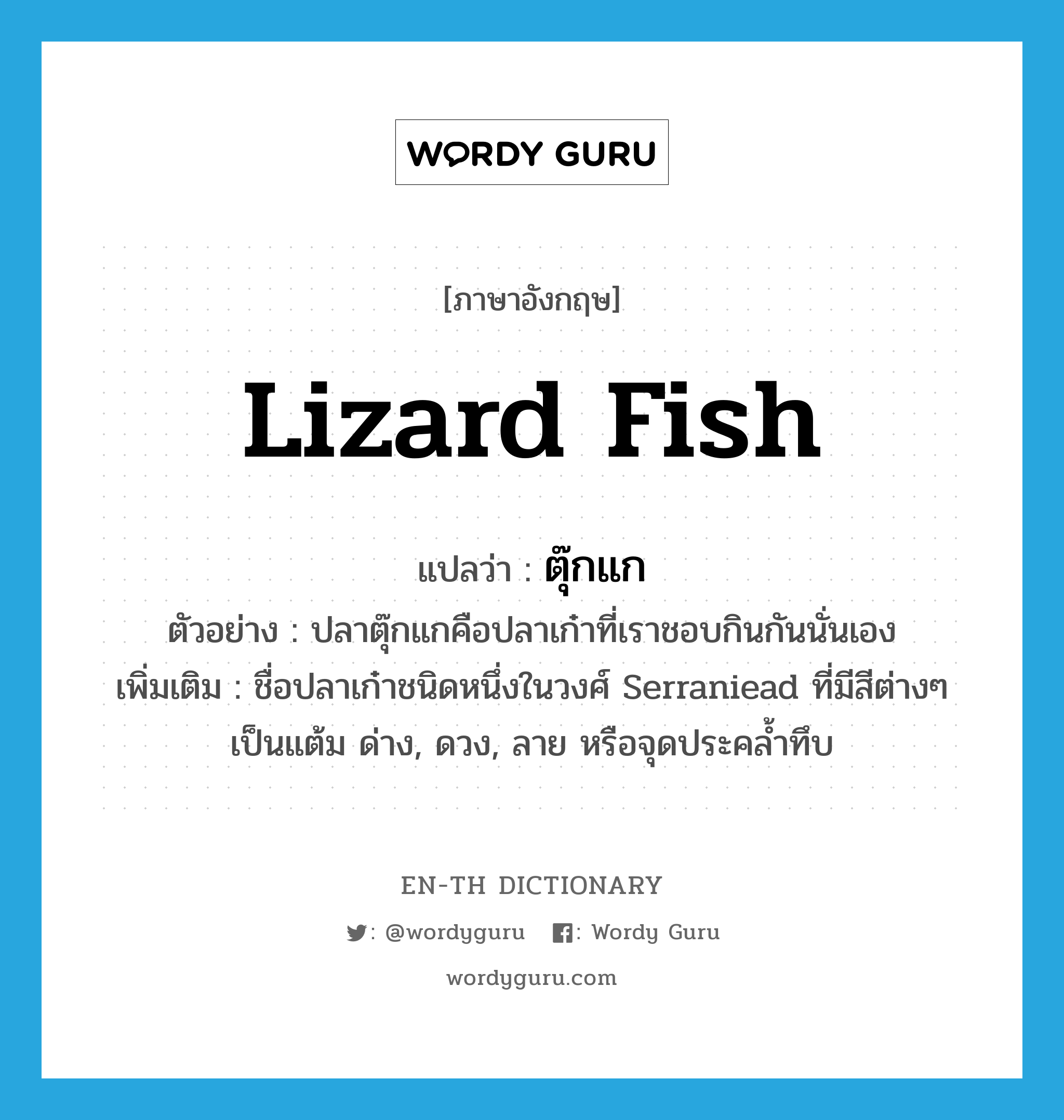 lizard fish แปลว่า?, คำศัพท์ภาษาอังกฤษ lizard fish แปลว่า ตุ๊กแก ประเภท N ตัวอย่าง ปลาตุ๊กแกคือปลาเก๋าที่เราชอบกินกันนั่นเอง เพิ่มเติม ชื่อปลาเก๋าชนิดหนึ่งในวงศ์ Serraniead ที่มีสีต่างๆ เป็นแต้ม ด่าง, ดวง, ลาย หรือจุดประคล้ำทึบ หมวด N