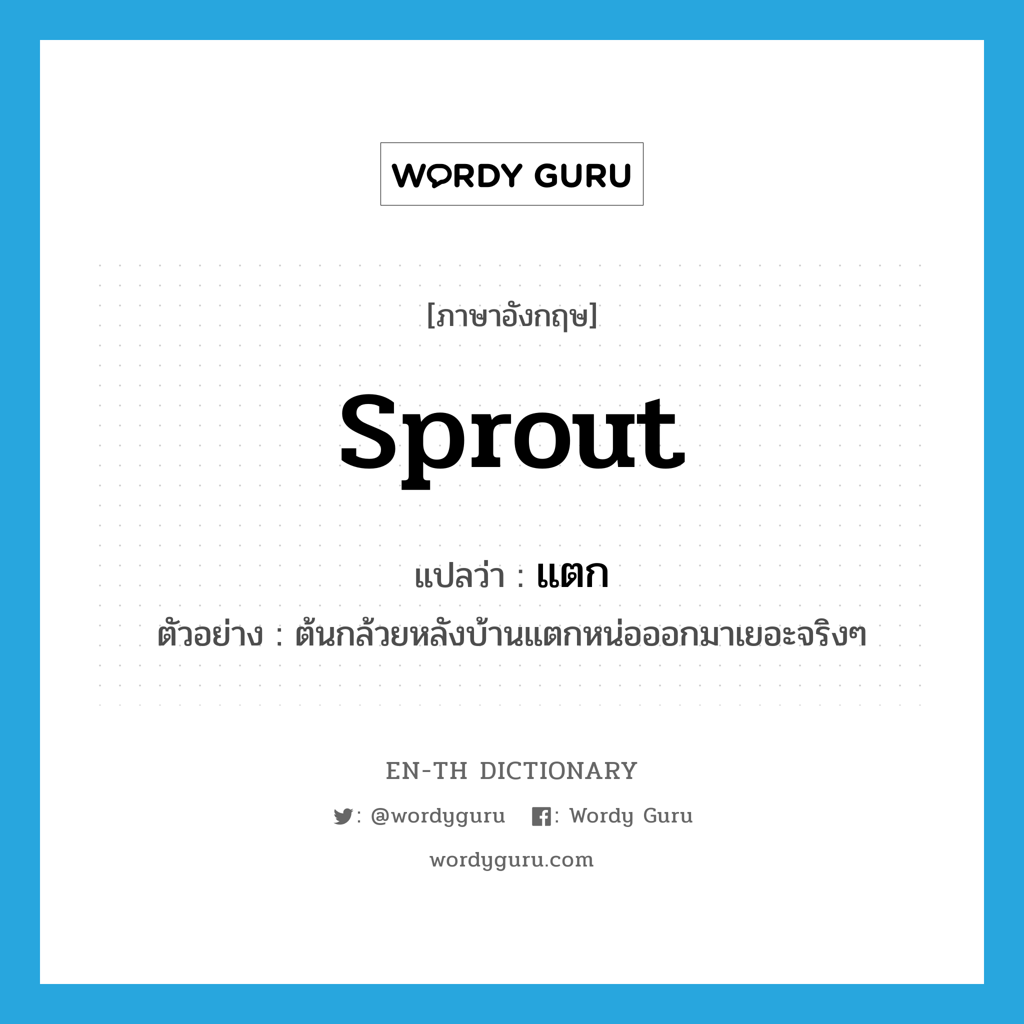 sprout แปลว่า?, คำศัพท์ภาษาอังกฤษ sprout แปลว่า แตก ประเภท V ตัวอย่าง ต้นกล้วยหลังบ้านแตกหน่อออกมาเยอะจริงๆ หมวด V