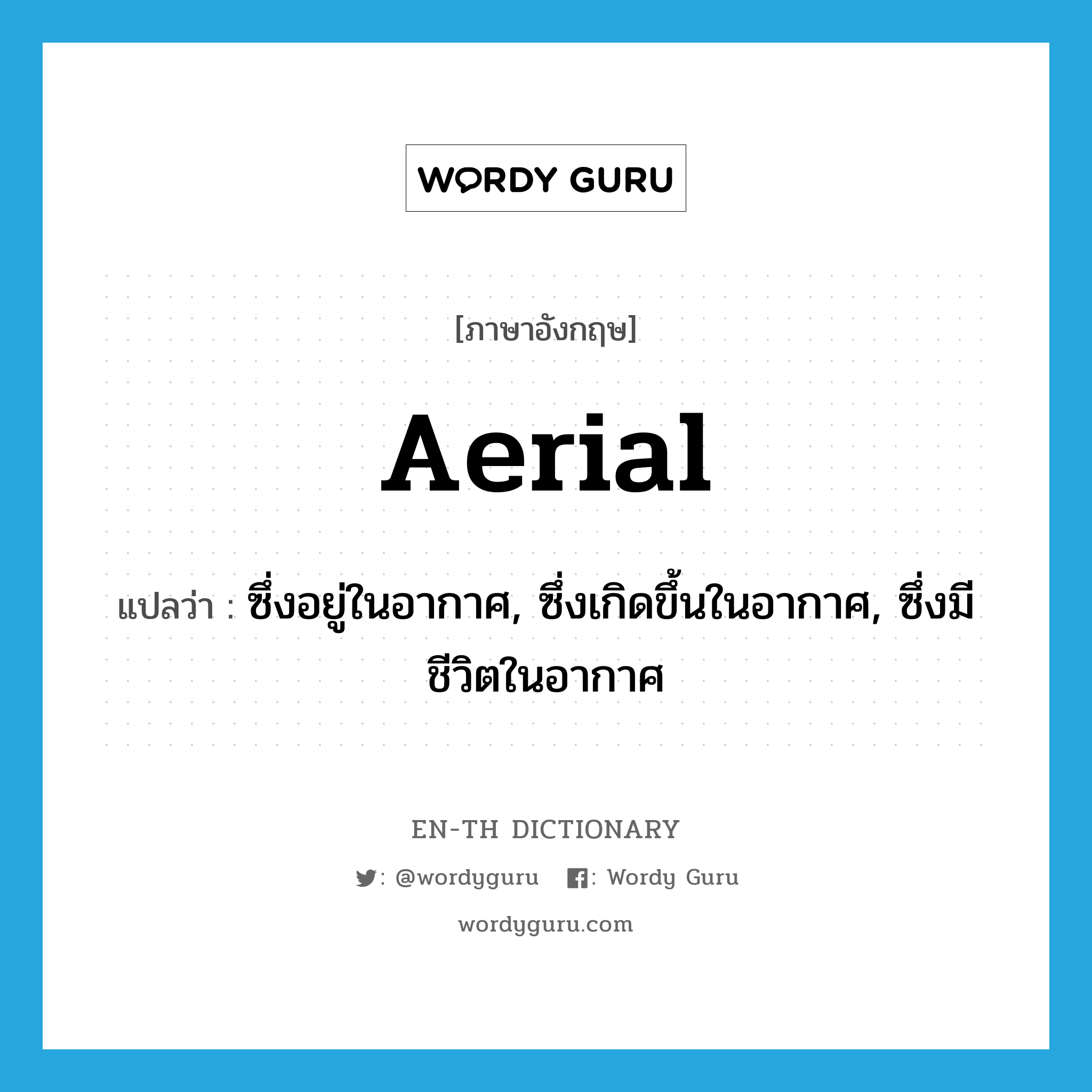 aerial แปลว่า?, คำศัพท์ภาษาอังกฤษ aerial แปลว่า ซึ่งอยู่ในอากาศ, ซึ่งเกิดขึ้นในอากาศ, ซึ่งมีชีวิตในอากาศ ประเภท ADJ หมวด ADJ