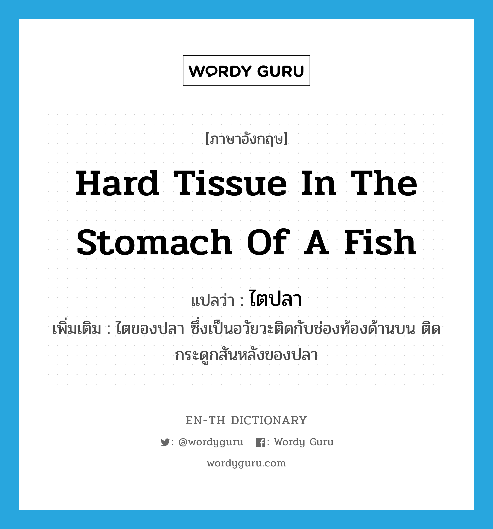 hard tissue in the stomach of a fish แปลว่า?, คำศัพท์ภาษาอังกฤษ hard tissue in the stomach of a fish แปลว่า ไตปลา ประเภท N เพิ่มเติม ไตของปลา ซึ่งเป็นอวัยวะติดกับช่องท้องด้านบน ติดกระดูกสันหลังของปลา หมวด N