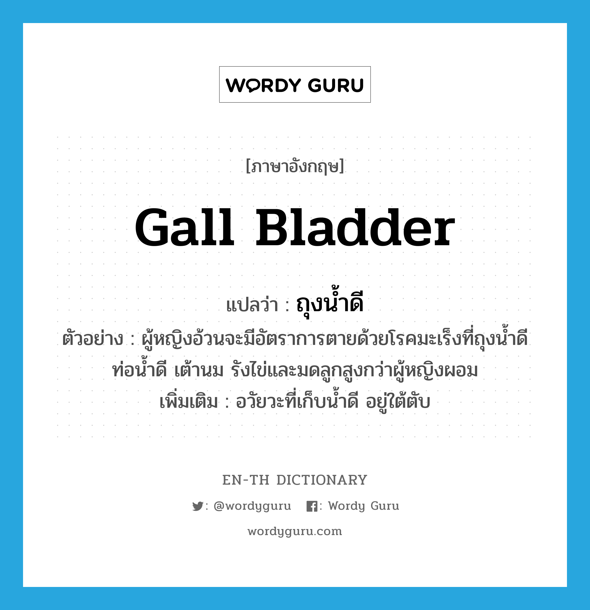 gall bladder แปลว่า?, คำศัพท์ภาษาอังกฤษ gall bladder แปลว่า ถุงน้ำดี ประเภท N ตัวอย่าง ผู้หญิงอ้วนจะมีอัตราการตายด้วยโรคมะเร็งที่ถุงน้ำดี ท่อน้ำดี เต้านม รังไข่และมดลูกสูงกว่าผู้หญิงผอม เพิ่มเติม อวัยวะที่เก็บน้ำดี อยู่ใต้ตับ หมวด N