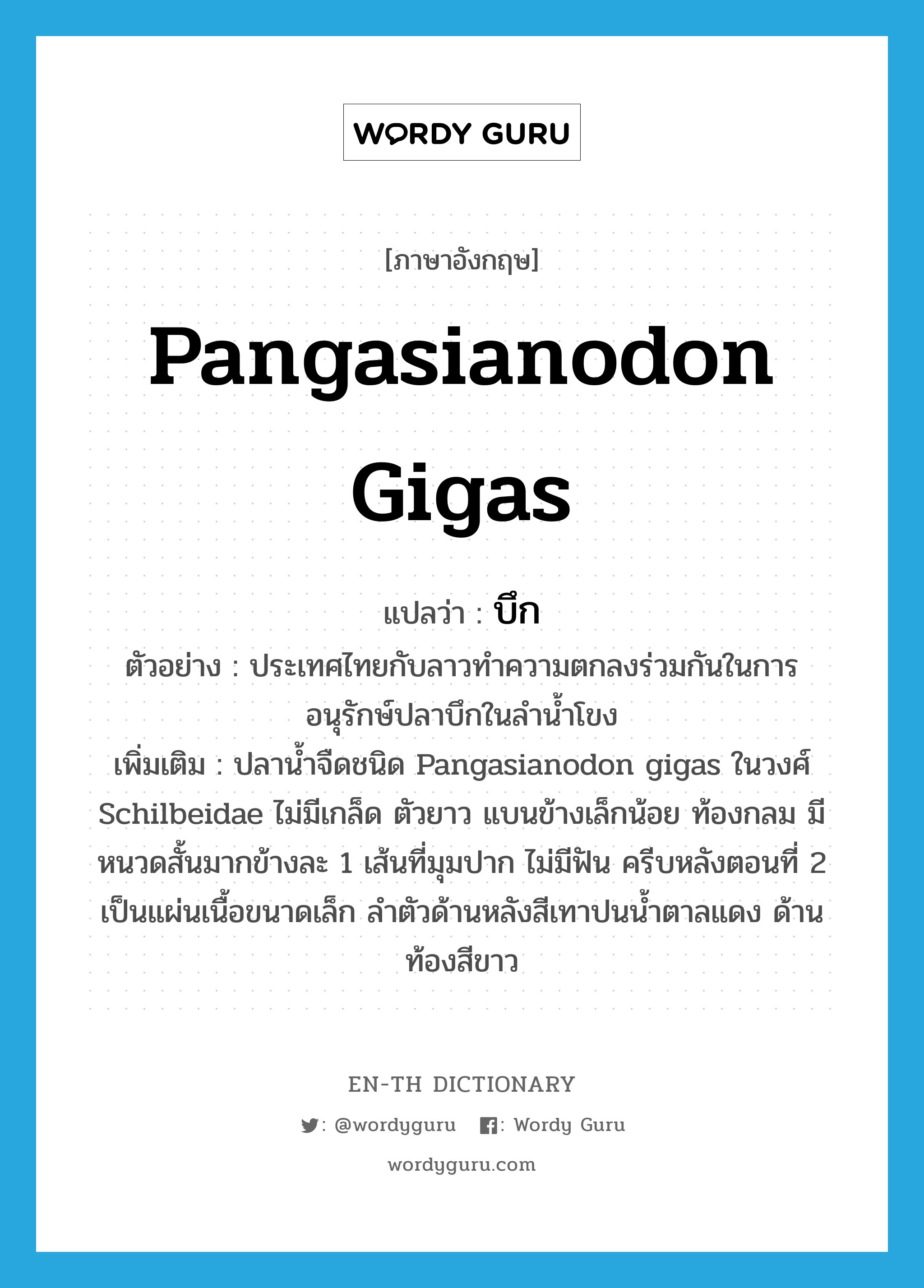 Pangasianodon gigas แปลว่า?, คำศัพท์ภาษาอังกฤษ Pangasianodon gigas แปลว่า บึก ประเภท N ตัวอย่าง ประเทศไทยกับลาวทำความตกลงร่วมกันในการอนุรักษ์ปลาบึกในลำน้ำโขง เพิ่มเติม ปลาน้ำจืดชนิด Pangasianodon gigas ในวงศ์ Schilbeidae ไม่มีเกล็ด ตัวยาว แบนข้างเล็กน้อย ท้องกลม มีหนวดสั้นมากข้างละ 1 เส้นที่มุมปาก ไม่มีฟัน ครีบหลังตอนที่ 2 เป็นแผ่นเนื้อขนาดเล็ก ลำตัวด้านหลังสีเทาปนน้ำตาลแดง ด้านท้องสีขาว หมวด N