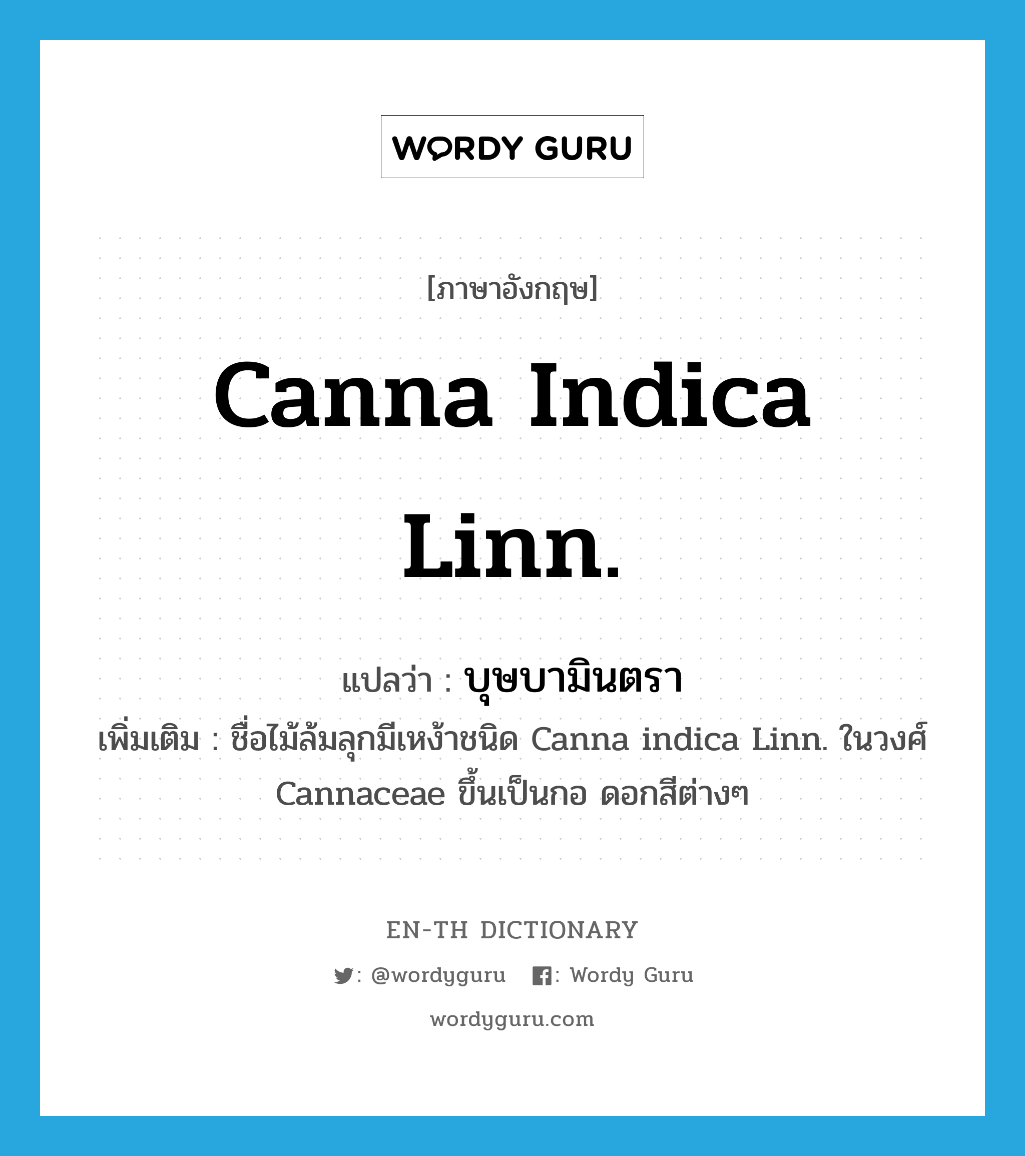 Canna indica Linn. แปลว่า?, คำศัพท์ภาษาอังกฤษ Canna indica Linn. แปลว่า บุษบามินตรา ประเภท N เพิ่มเติม ชื่อไม้ล้มลุกมีเหง้าชนิด Canna indica Linn. ในวงศ์ Cannaceae ขึ้นเป็นกอ ดอกสีต่างๆ หมวด N
