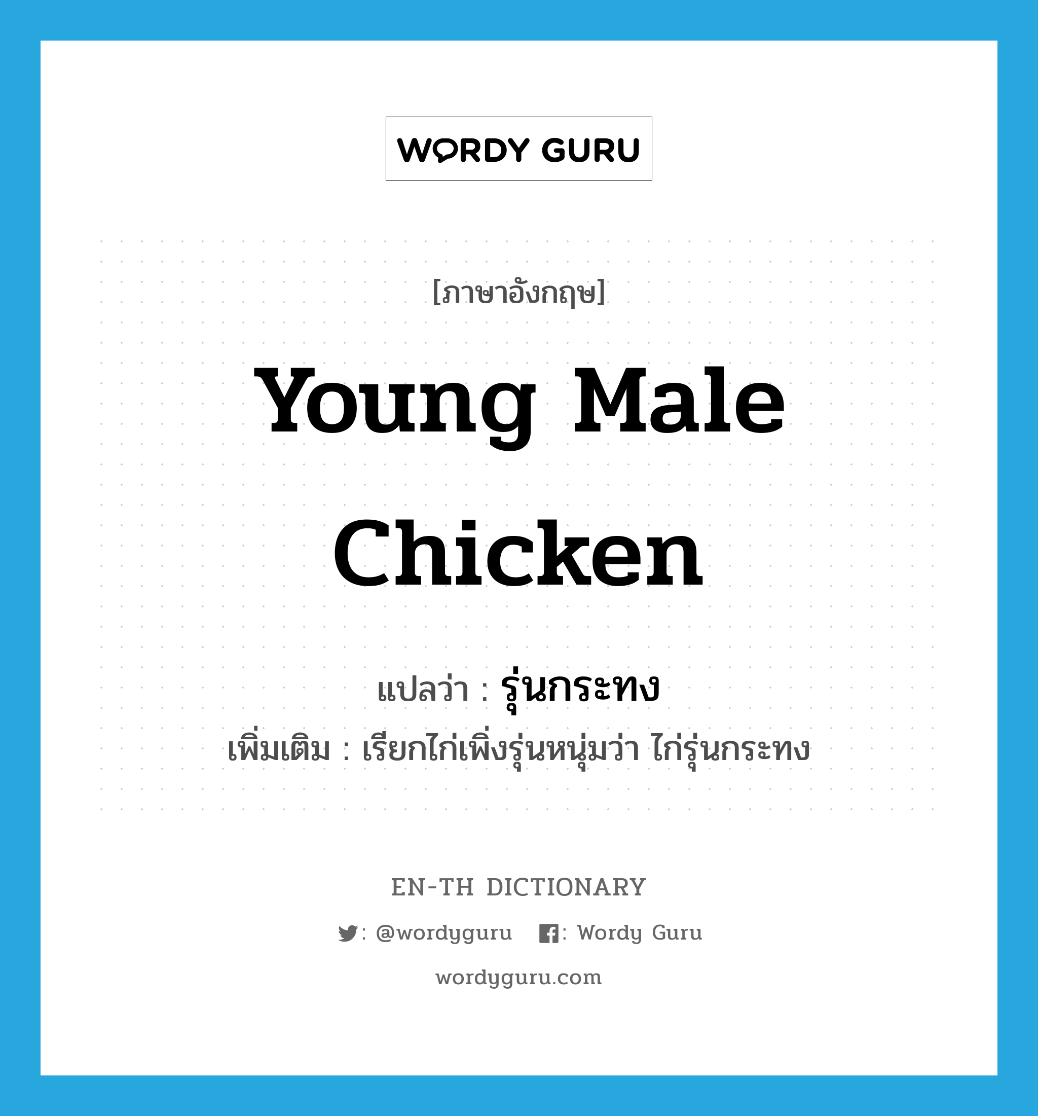 young male chicken แปลว่า?, คำศัพท์ภาษาอังกฤษ young male chicken แปลว่า รุ่นกระทง ประเภท N เพิ่มเติม เรียกไก่เพิ่งรุ่นหนุ่มว่า ไก่รุ่นกระทง หมวด N