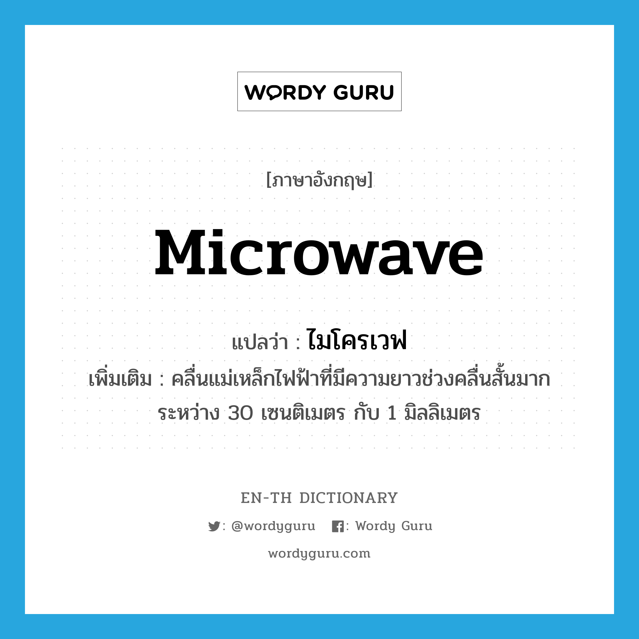 microwave แปลว่า?, คำศัพท์ภาษาอังกฤษ microwave แปลว่า ไมโครเวฟ ประเภท N เพิ่มเติม คลื่นแม่เหล็กไฟฟ้าที่มีความยาวช่วงคลื่นสั้นมาก ระหว่าง 30 เซนติเมตร กับ 1 มิลลิเมตร หมวด N