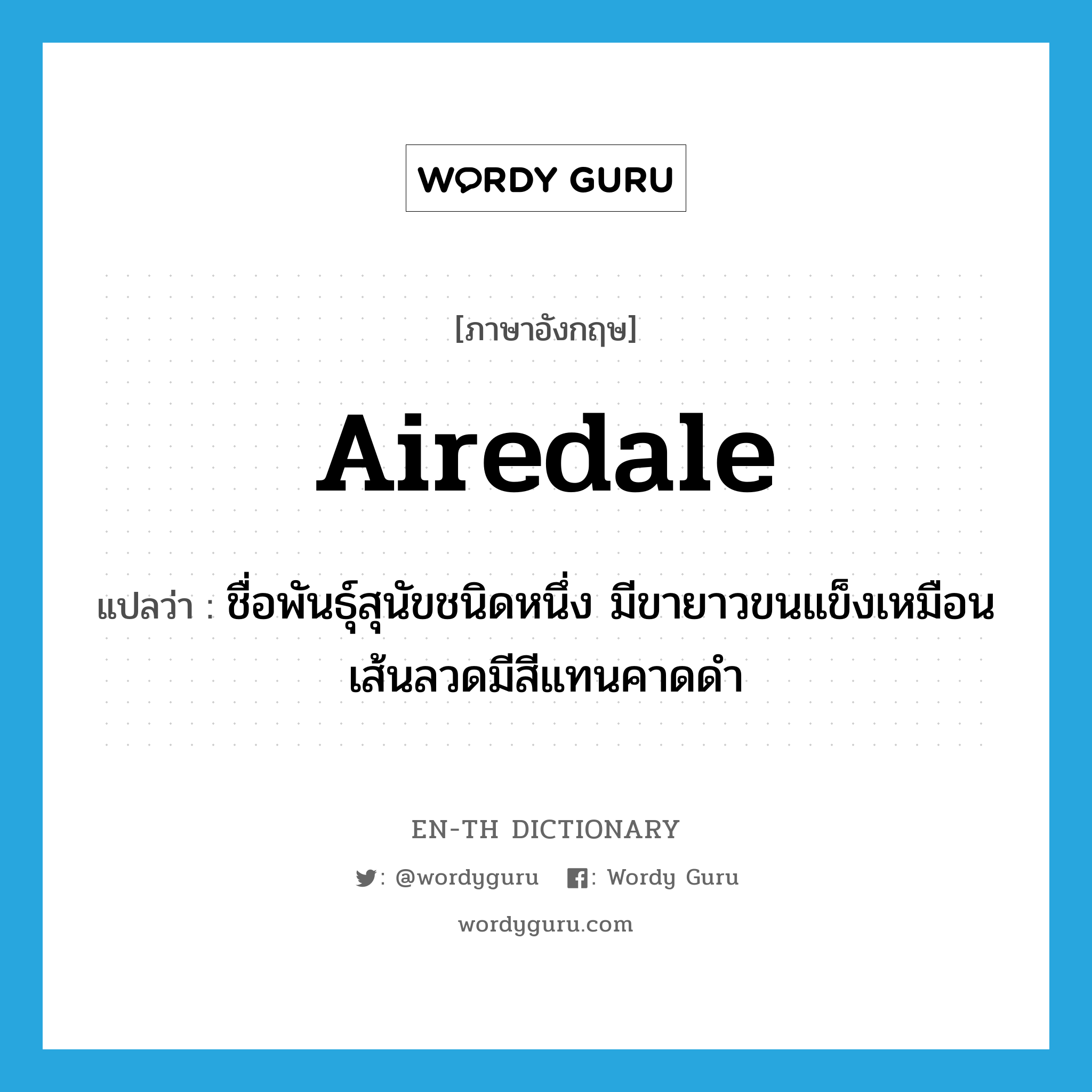 Airedale แปลว่า?, คำศัพท์ภาษาอังกฤษ Airedale แปลว่า ชื่อพันธุ์สุนัขชนิดหนึ่ง มีขายาวขนแข็งเหมือนเส้นลวดมีสีแทนคาดดำ ประเภท N หมวด N