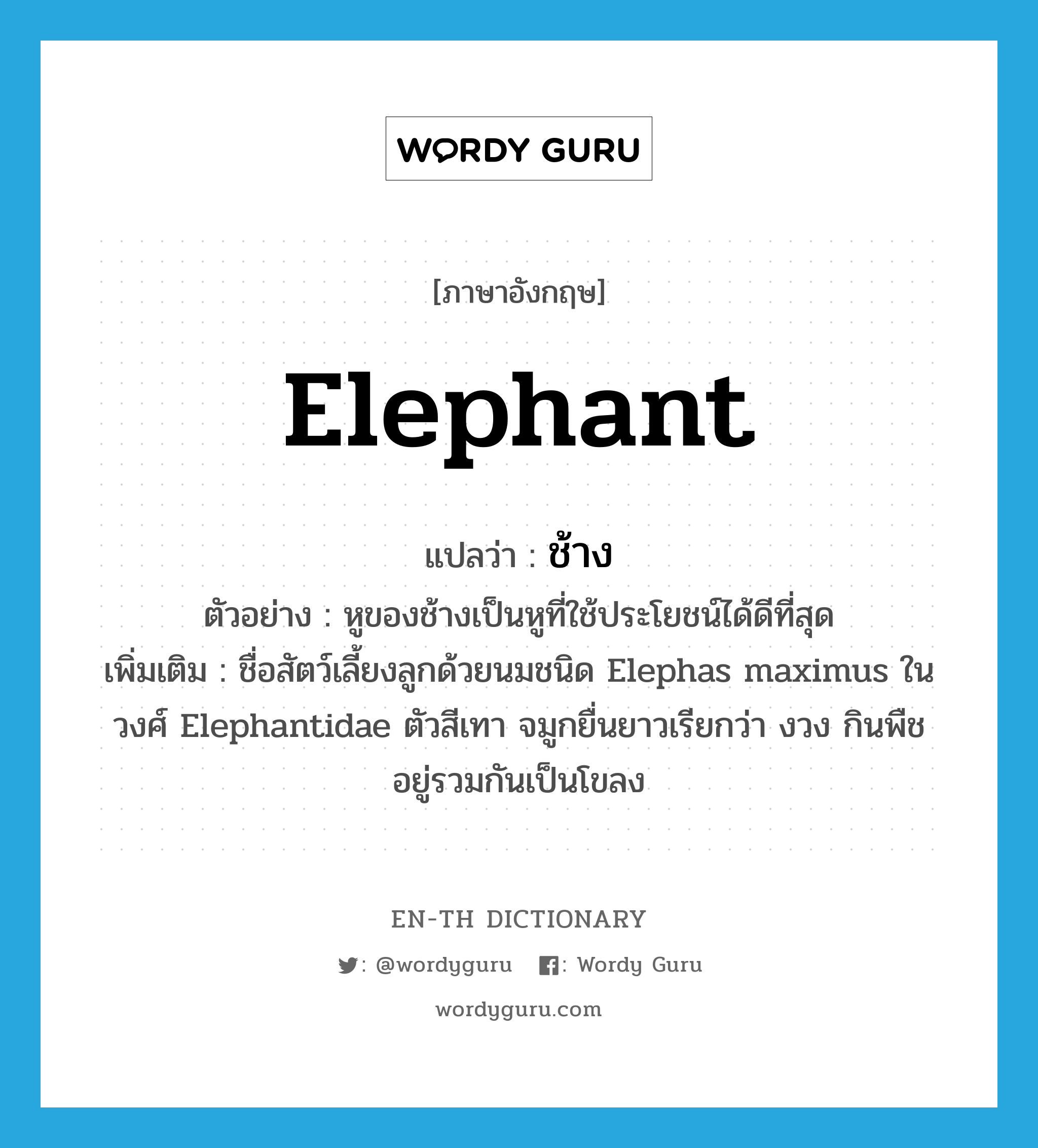 ช้าง ภาษาอังกฤษ?, คำศัพท์ภาษาอังกฤษ ช้าง แปลว่า elephant ประเภท N ตัวอย่าง หูของช้างเป็นหูที่ใช้ประโยชน์ได้ดีที่สุด เพิ่มเติม ชื่อสัตว์เลี้ยงลูกด้วยนมชนิด Elephas maximus ในวงศ์ Elephantidae ตัวสีเทา จมูกยื่นยาวเรียกว่า งวง กินพืช อยู่รวมกันเป็นโขลง หมวด N