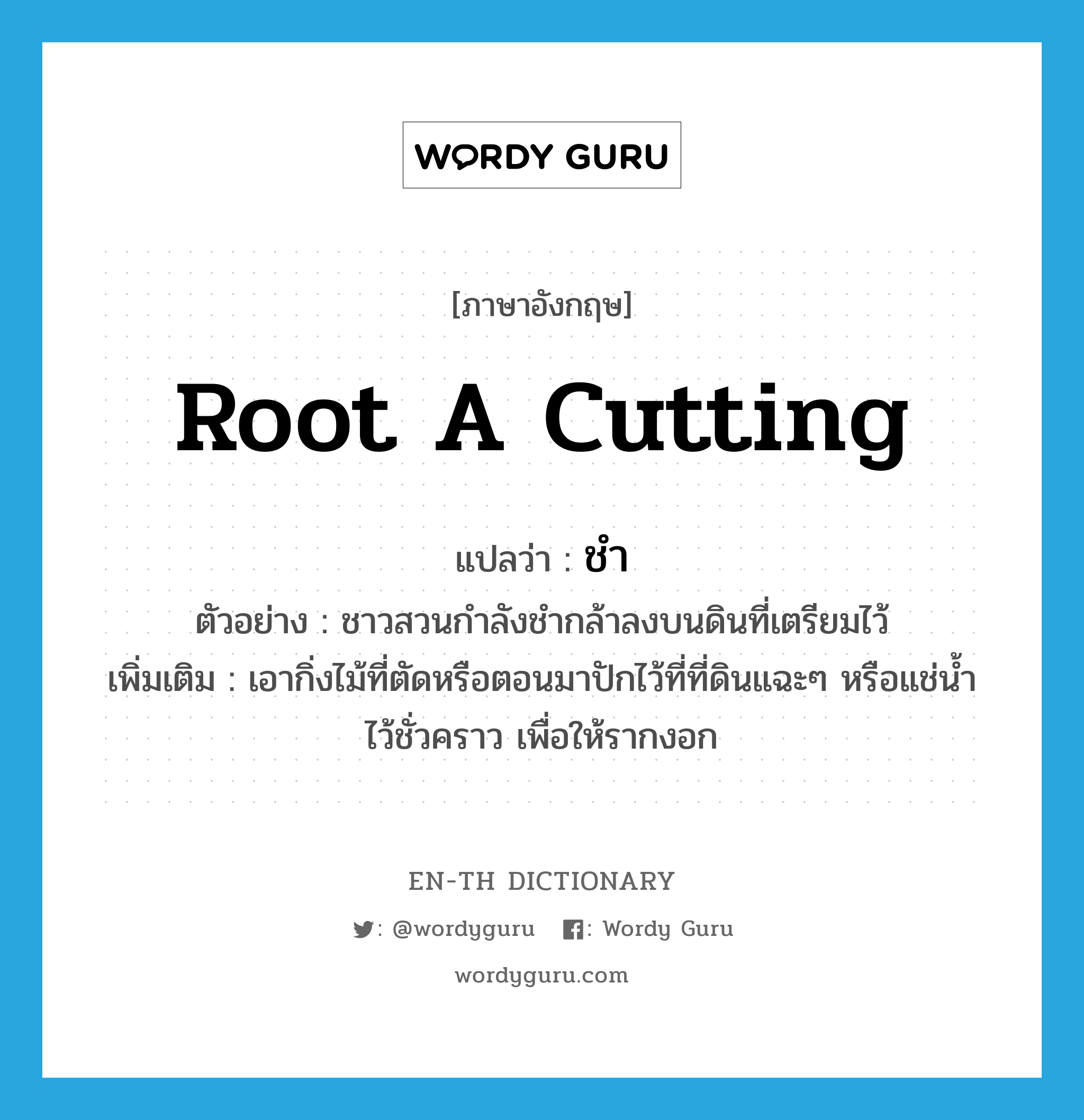 root a cutting แปลว่า?, คำศัพท์ภาษาอังกฤษ root a cutting แปลว่า ชำ ประเภท V ตัวอย่าง ชาวสวนกำลังชำกล้าลงบนดินที่เตรียมไว้ เพิ่มเติม เอากิ่งไม้ที่ตัดหรือตอนมาปักไว้ที่ที่ดินแฉะๆ หรือแช่น้ำไว้ชั่วคราว เพื่อให้รากงอก หมวด V