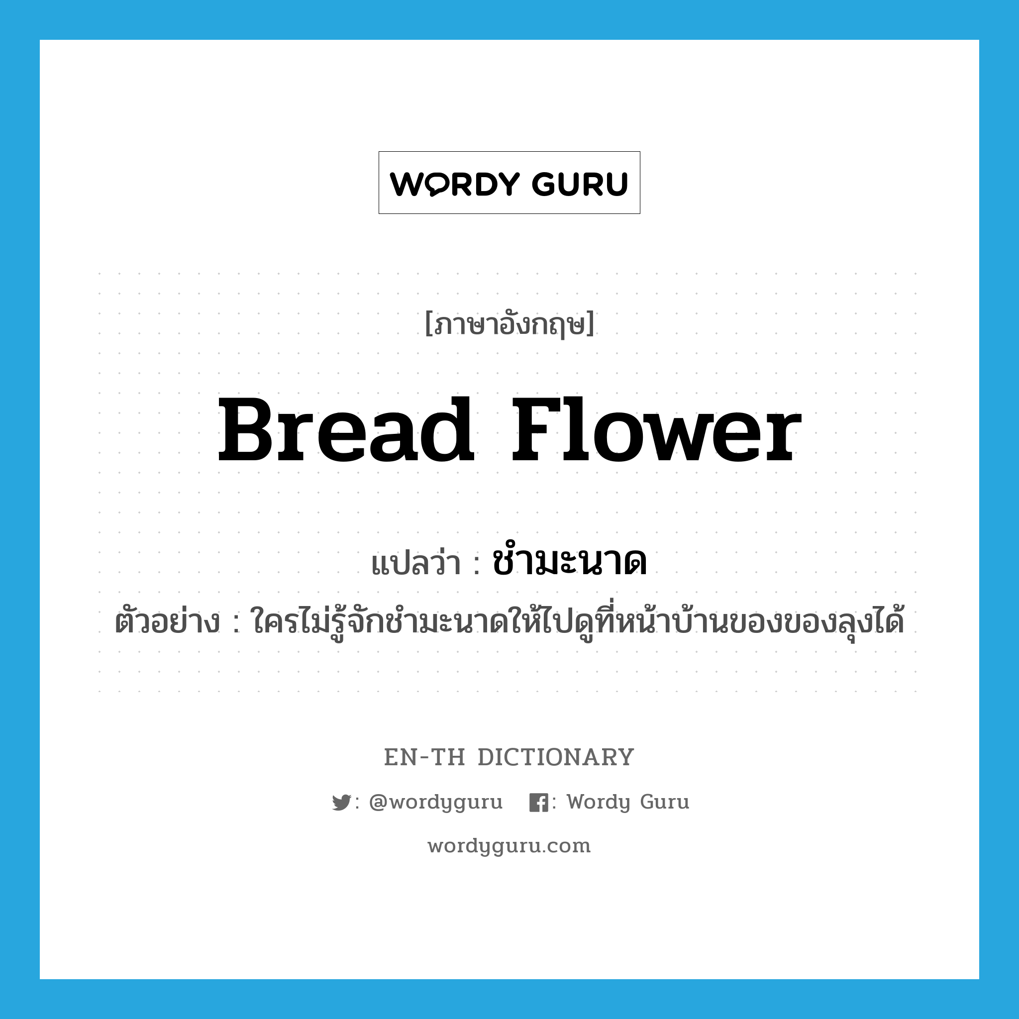bread flower แปลว่า?, คำศัพท์ภาษาอังกฤษ bread flower แปลว่า ชำมะนาด ประเภท N ตัวอย่าง ใครไม่รู้จักชำมะนาดให้ไปดูที่หน้าบ้านของของลุงได้ หมวด N