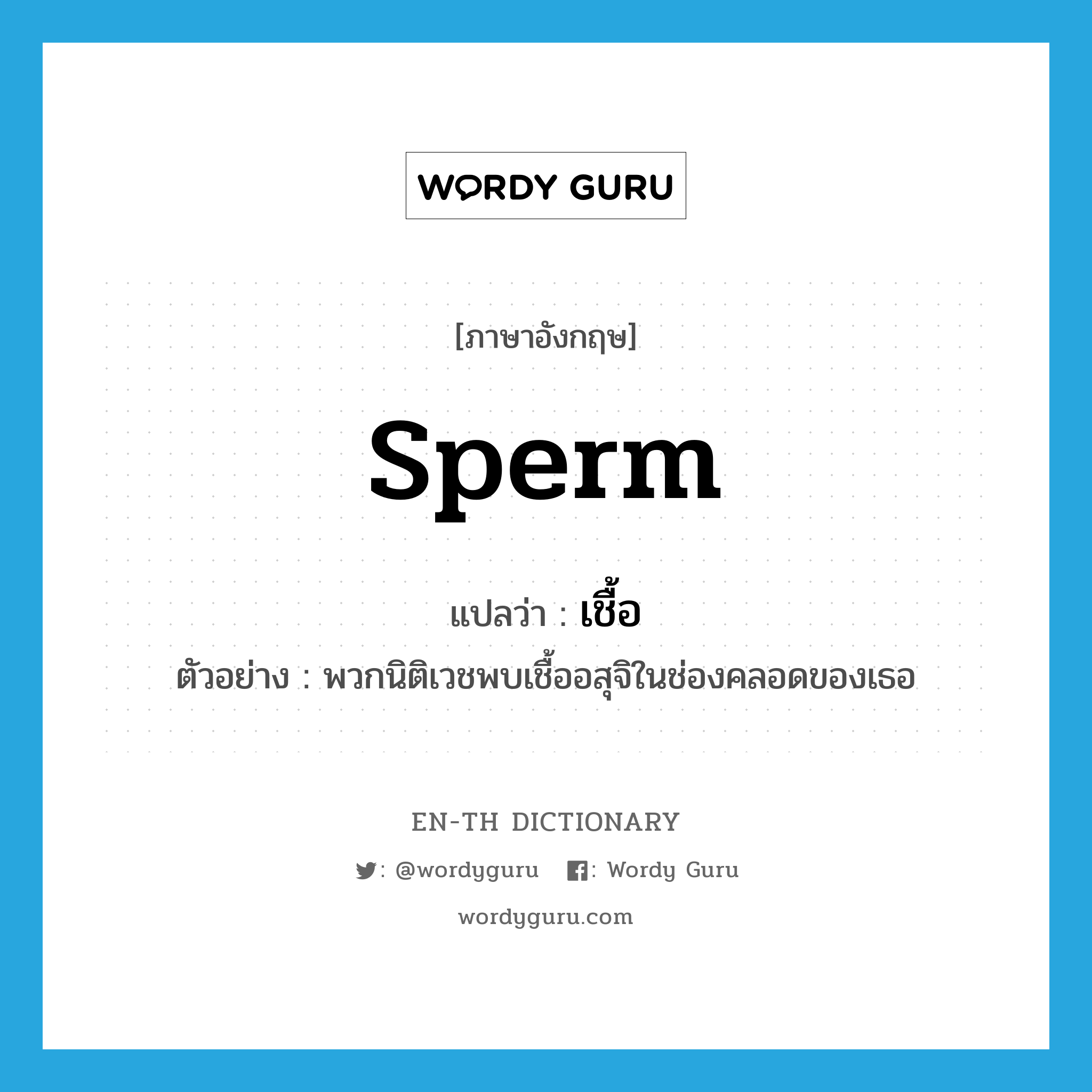 sperm แปลว่า?, คำศัพท์ภาษาอังกฤษ sperm แปลว่า เชื้อ ประเภท N ตัวอย่าง พวกนิติเวชพบเชื้ออสุจิในช่องคลอดของเธอ หมวด N