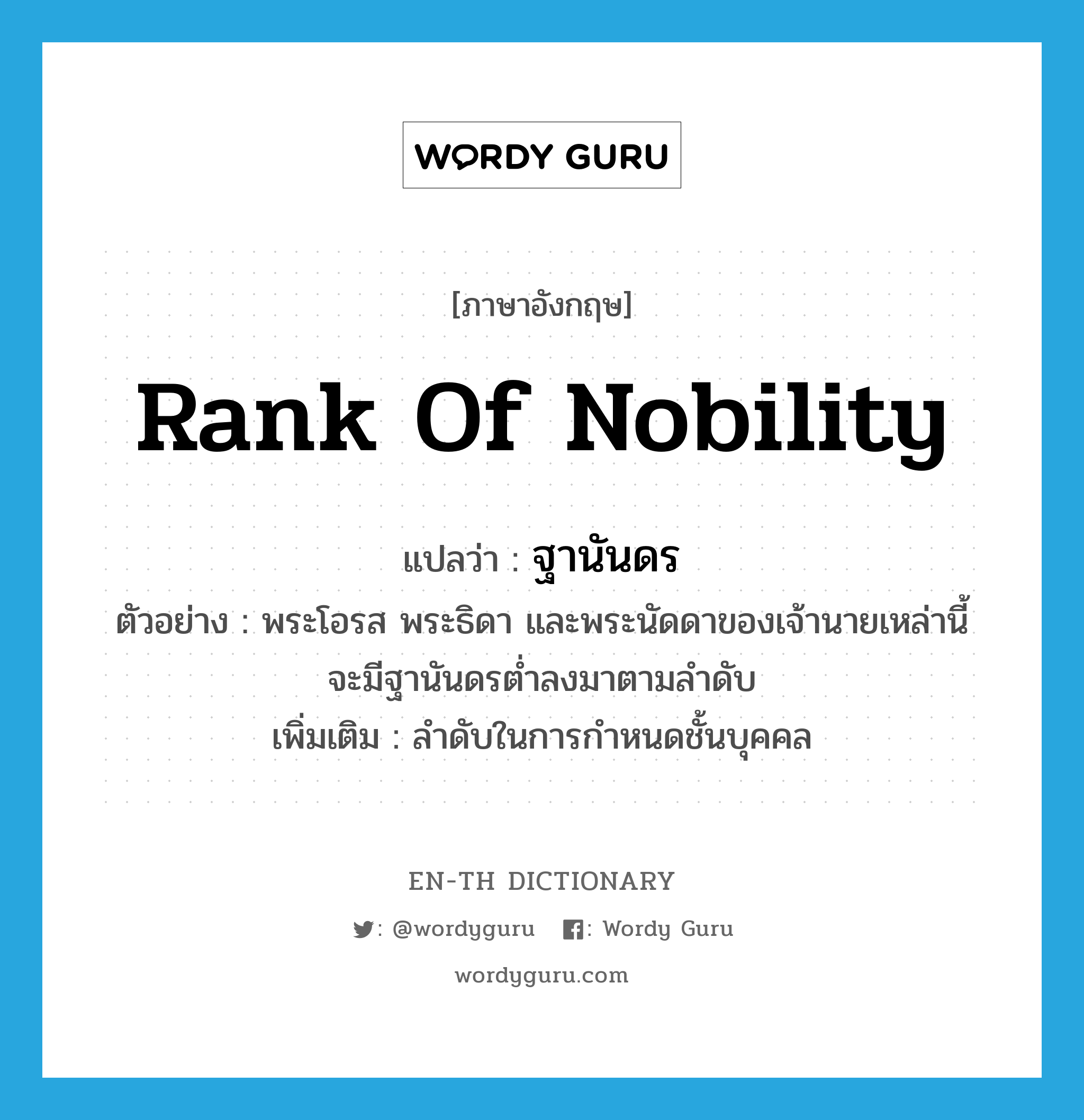 rank of nobility แปลว่า?, คำศัพท์ภาษาอังกฤษ rank of nobility แปลว่า ฐานันดร ประเภท N ตัวอย่าง พระโอรส พระธิดา และพระนัดดาของเจ้านายเหล่านี้ จะมีฐานันดรต่ำลงมาตามลำดับ เพิ่มเติม ลำดับในการกำหนดชั้นบุคคล หมวด N