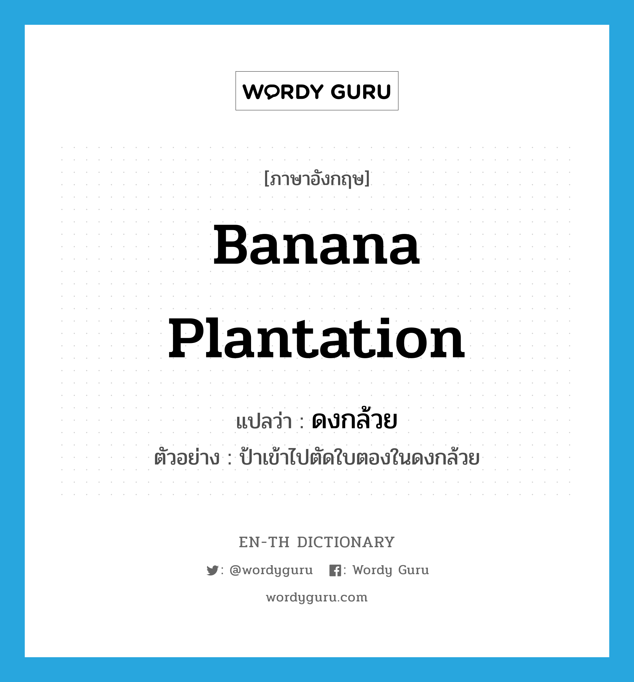 banana plantation แปลว่า?, คำศัพท์ภาษาอังกฤษ banana plantation แปลว่า ดงกล้วย ประเภท N ตัวอย่าง ป้าเข้าไปตัดใบตองในดงกล้วย หมวด N