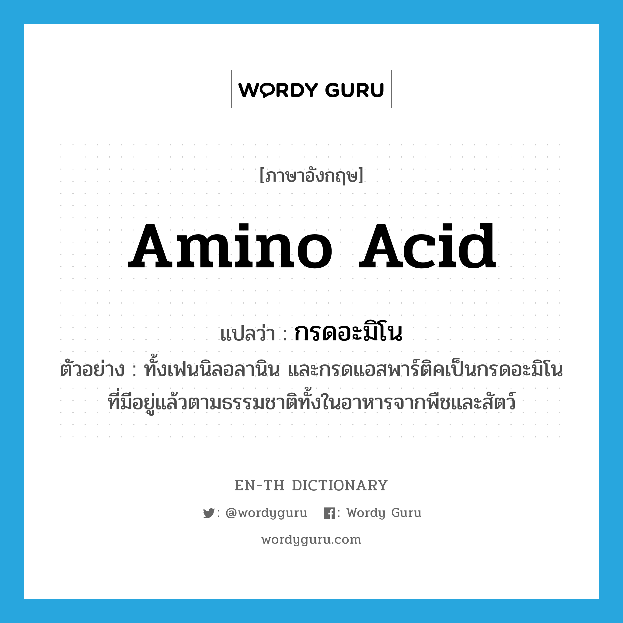 amino acid แปลว่า?, คำศัพท์ภาษาอังกฤษ amino acid แปลว่า กรดอะมิโน ประเภท N ตัวอย่าง ทั้งเฟนนิลอลานิน และกรดแอสพาร์ติคเป็นกรดอะมิโนที่มีอยู่แล้วตามธรรมชาติทั้งในอาหารจากพืชและสัตว์ หมวด N