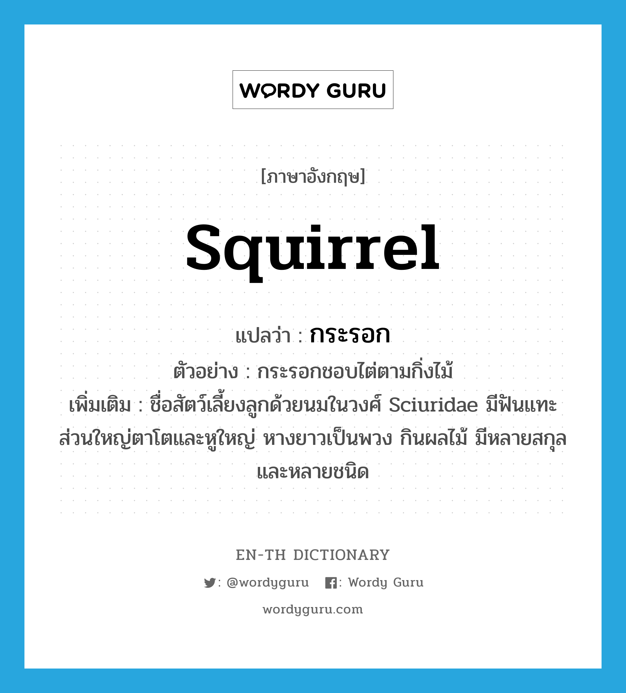 กระรอก ภาษาอังกฤษ?, คำศัพท์ภาษาอังกฤษ กระรอก แปลว่า squirrel ประเภท N ตัวอย่าง กระรอกชอบไต่ตามกิ่งไม้ เพิ่มเติม ชื่อสัตว์เลี้ยงลูกด้วยนมในวงศ์ Sciuridae มีฟันแทะ ส่วนใหญ่ตาโตและหูใหญ่ หางยาวเป็นพวง กินผลไม้ มีหลายสกุลและหลายชนิด หมวด N