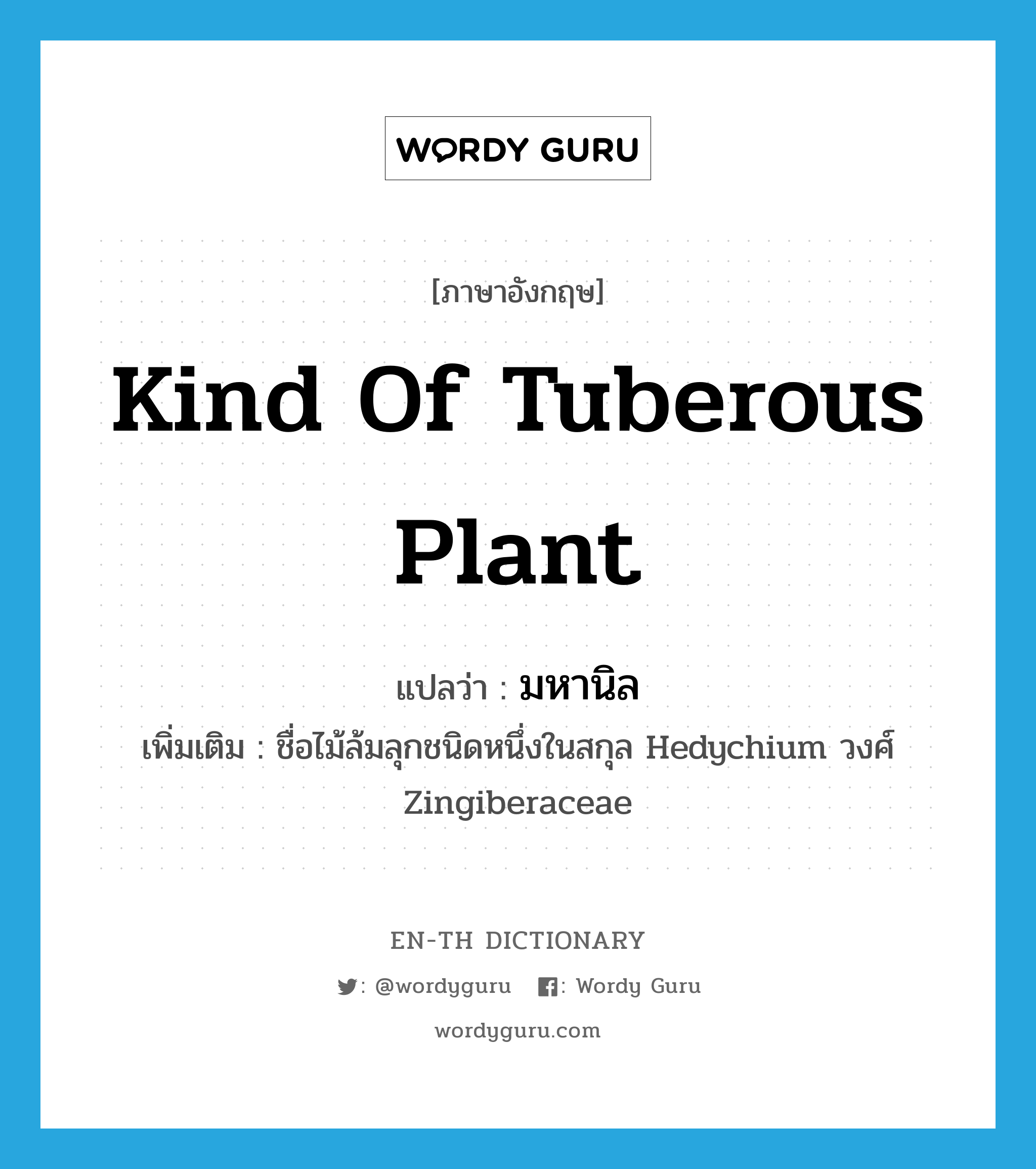 มหานิล ภาษาอังกฤษ?, คำศัพท์ภาษาอังกฤษ มหานิล แปลว่า kind of tuberous plant ประเภท N เพิ่มเติม ชื่อไม้ล้มลุกชนิดหนึ่งในสกุล Hedychium วงศ์ Zingiberaceae หมวด N