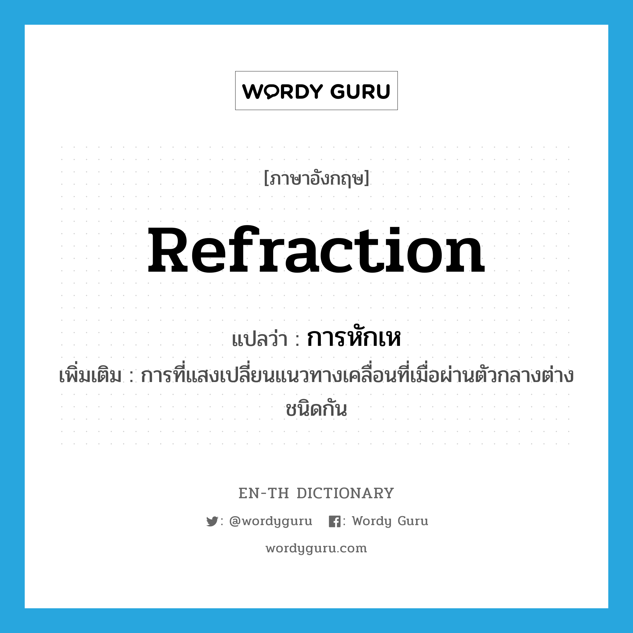 refraction แปลว่า?, คำศัพท์ภาษาอังกฤษ refraction แปลว่า การหักเห ประเภท N เพิ่มเติม การที่แสงเปลี่ยนแนวทางเคลื่อนที่เมื่อผ่านตัวกลางต่างชนิดกัน หมวด N
