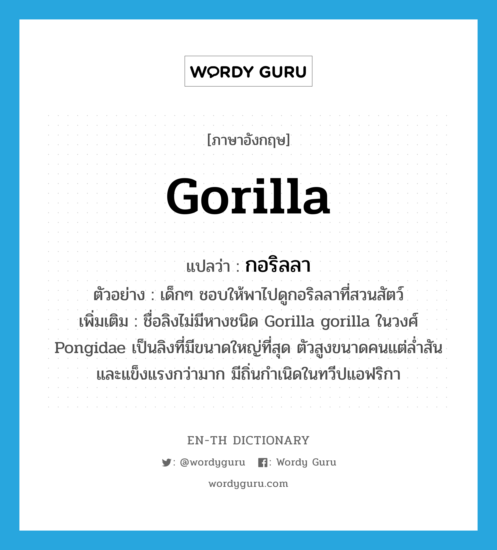 gorilla แปลว่า?, คำศัพท์ภาษาอังกฤษ gorilla แปลว่า กอริลลา ประเภท N ตัวอย่าง เด็กๆ ชอบให้พาไปดูกอริลลาที่สวนสัตว์ เพิ่มเติม ชื่อลิงไม่มีหางชนิด Gorilla gorilla ในวงศ์ Pongidae เป็นลิงที่มีขนาดใหญ่ที่สุด ตัวสูงขนาดคนแต่ล่ำสันและแข็งแรงกว่ามาก มีถิ่นกำเนิดในทวีปแอฟริกา หมวด N