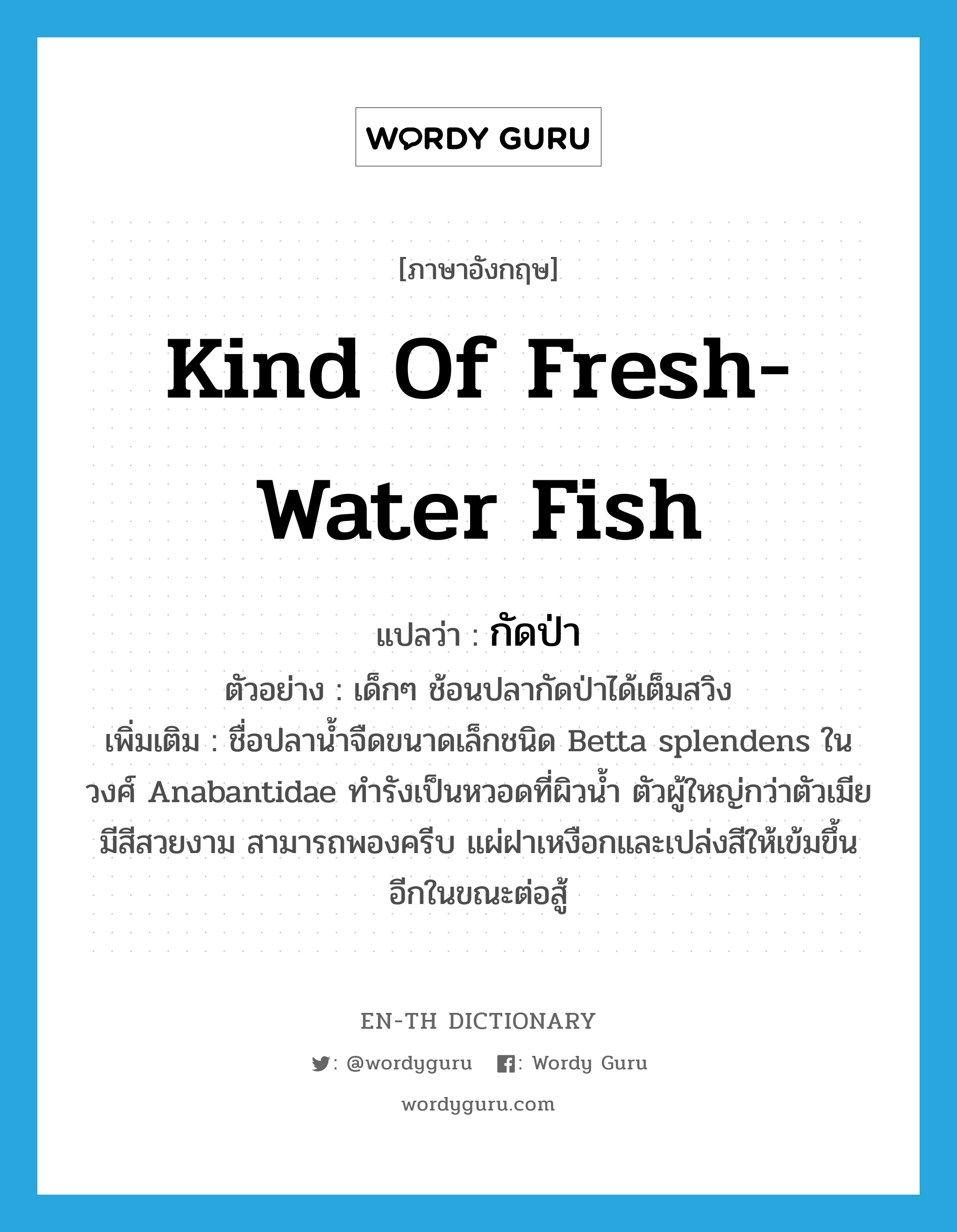 kind of fresh-water fish แปลว่า?, คำศัพท์ภาษาอังกฤษ kind of fresh-water fish แปลว่า กัดป่า ประเภท N ตัวอย่าง เด็กๆ ช้อนปลากัดป่าได้เต็มสวิง เพิ่มเติม ชื่อปลาน้ำจืดขนาดเล็กชนิด Betta splendens ในวงศ์ Anabantidae ทำรังเป็นหวอดที่ผิวน้ำ ตัวผู้ใหญ่กว่าตัวเมีย มีสีสวยงาม สามารถพองครีบ แผ่ฝาเหงือกและเปล่งสีให้เข้มขึ้นอีกในขณะต่อสู้ หมวด N