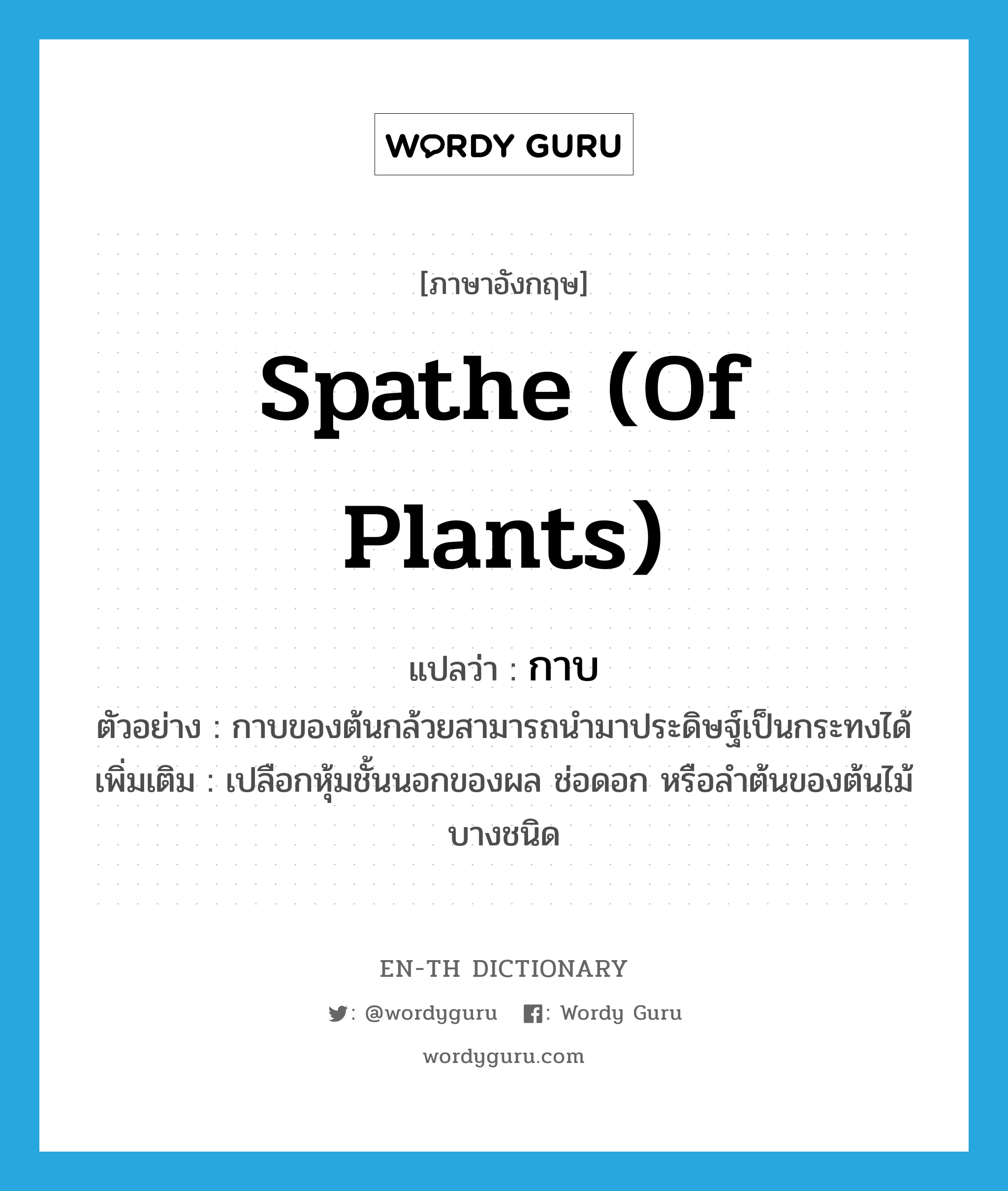 spathe (of plants) แปลว่า?, คำศัพท์ภาษาอังกฤษ spathe (of plants) แปลว่า กาบ ประเภท N ตัวอย่าง กาบของต้นกล้วยสามารถนำมาประดิษฐ์เป็นกระทงได้ เพิ่มเติม เปลือกหุ้มชั้นนอกของผล ช่อดอก หรือลำต้นของต้นไม้บางชนิด หมวด N