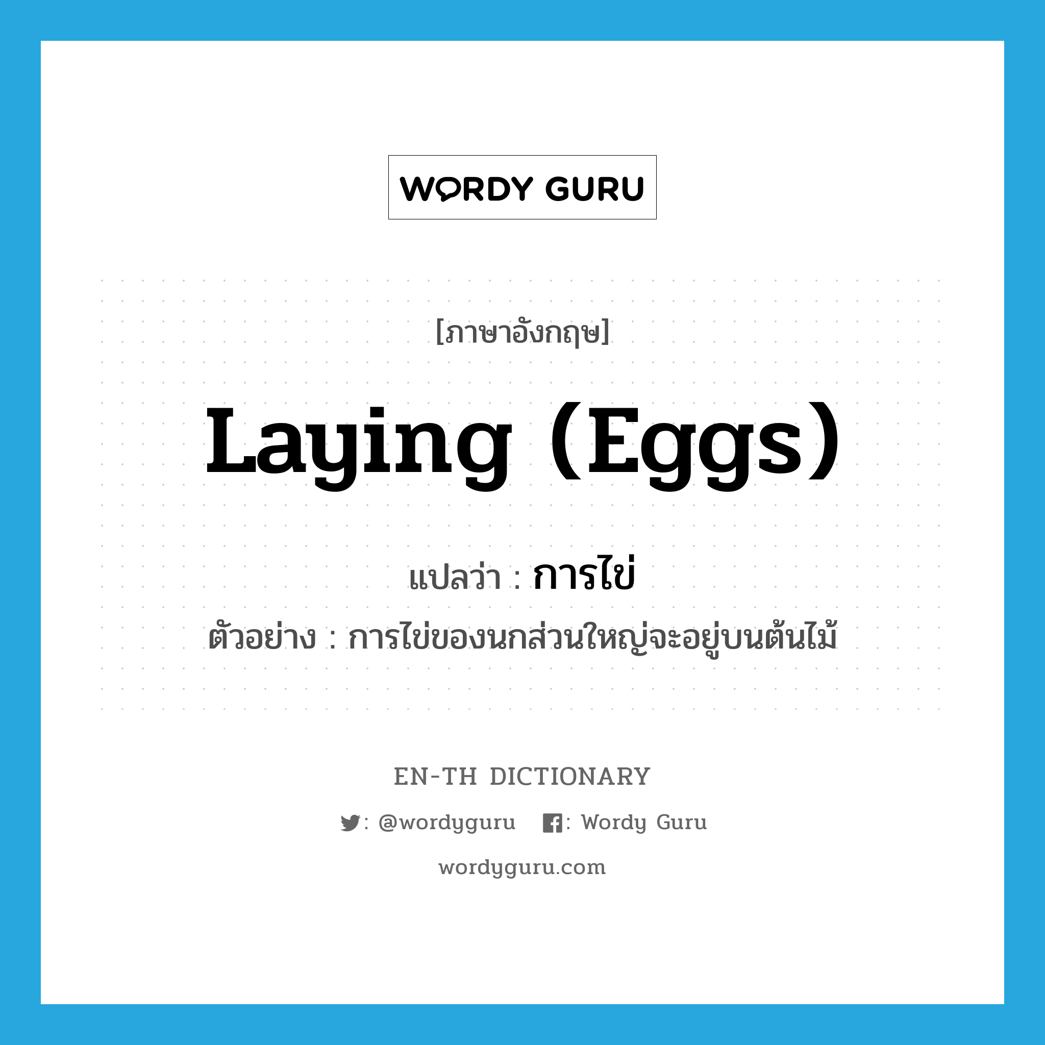 laying (eggs) แปลว่า?, คำศัพท์ภาษาอังกฤษ laying (eggs) แปลว่า การไข่ ประเภท N ตัวอย่าง การไข่ของนกส่วนใหญ่จะอยู่บนต้นไม้ หมวด N