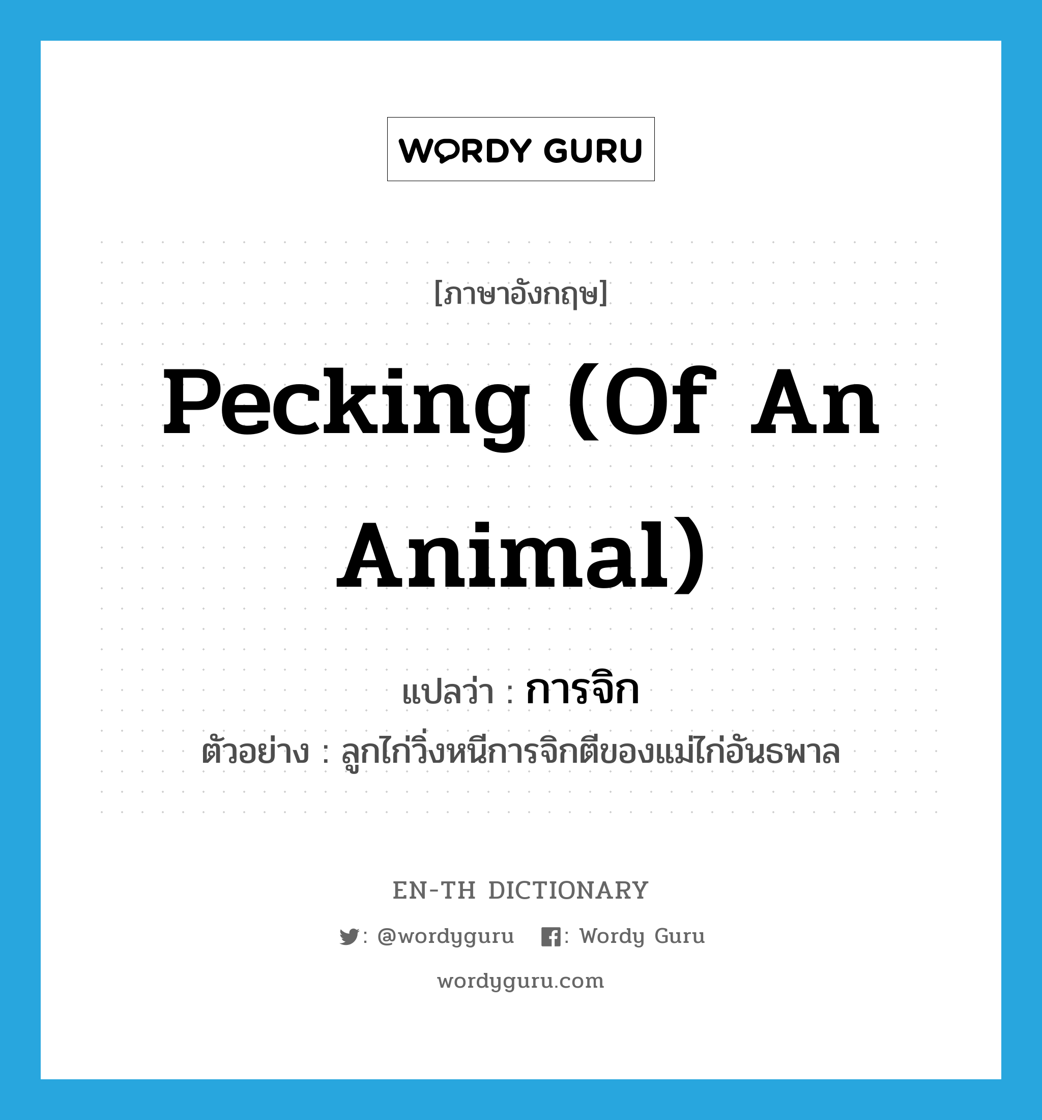 pecking (of an animal) แปลว่า?, คำศัพท์ภาษาอังกฤษ pecking (of an animal) แปลว่า การจิก ประเภท N ตัวอย่าง ลูกไก่วิ่งหนีการจิกตีของแม่ไก่อันธพาล หมวด N