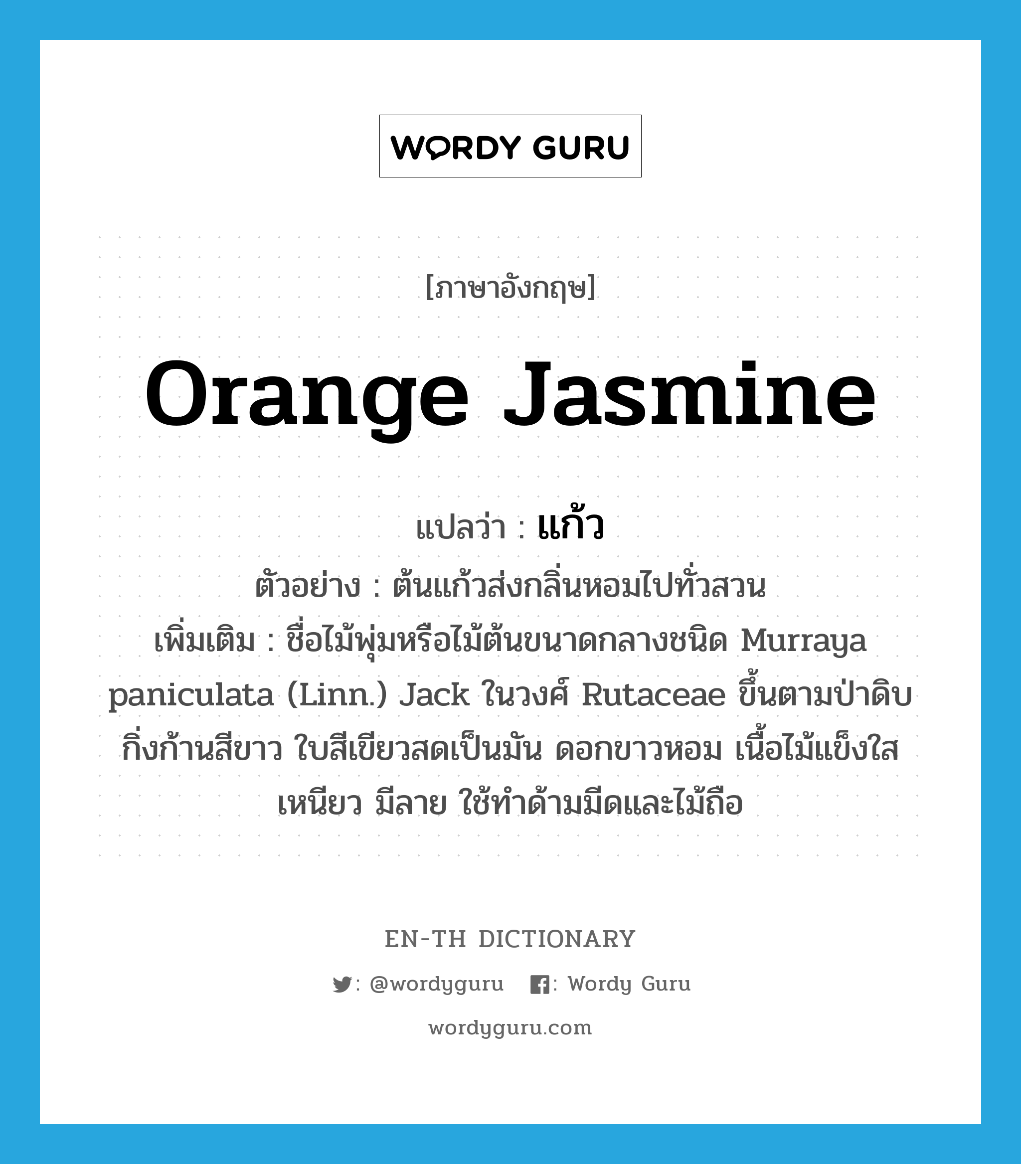 orange jasmine แปลว่า?, คำศัพท์ภาษาอังกฤษ orange jasmine แปลว่า แก้ว ประเภท N ตัวอย่าง ต้นแก้วส่งกลิ่นหอมไปทั่วสวน เพิ่มเติม ชื่อไม้พุ่มหรือไม้ต้นขนาดกลางชนิด Murraya paniculata (Linn.) Jack ในวงศ์ Rutaceae ขึ้นตามป่าดิบ กิ่งก้านสีขาว ใบสีเขียวสดเป็นมัน ดอกขาวหอม เนื้อไม้แข็งใส เหนียว มีลาย ใช้ทำด้ามมีดและไม้ถือ หมวด N