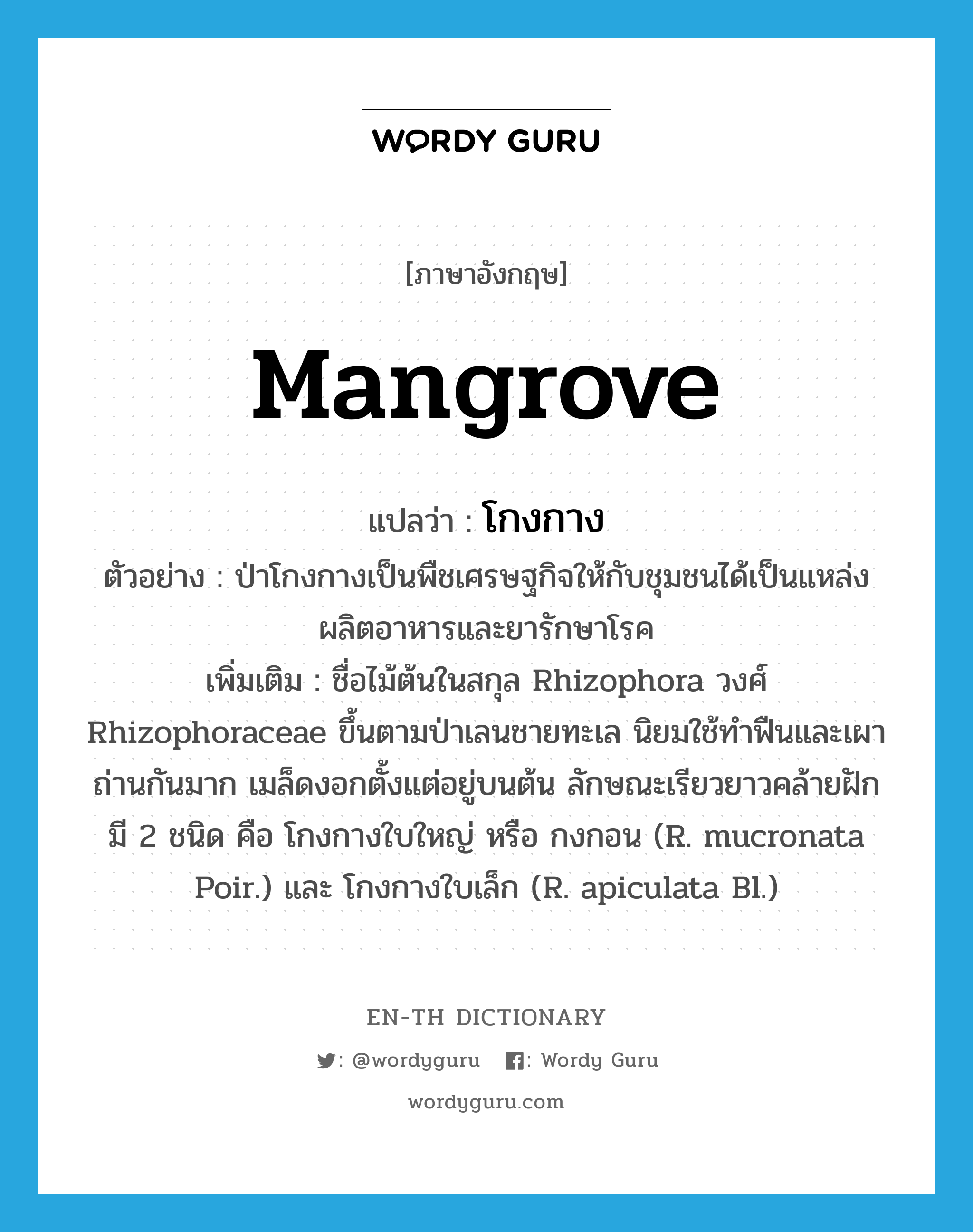 mangrove แปลว่า?, คำศัพท์ภาษาอังกฤษ mangrove แปลว่า โกงกาง ประเภท N ตัวอย่าง ป่าโกงกางเป็นพืชเศรษฐกิจให้กับชุมชนได้เป็นแหล่งผลิตอาหารและยารักษาโรค เพิ่มเติม ชื่อไม้ต้นในสกุล Rhizophora วงศ์ Rhizophoraceae ขึ้นตามป่าเลนชายทะเล นิยมใช้ทำฟืนและเผาถ่านกันมาก เมล็ดงอกตั้งแต่อยู่บนต้น ลักษณะเรียวยาวคล้ายฝัก มี 2 ชนิด คือ โกงกางใบใหญ่ หรือ กงกอน (R. mucronata Poir.) และ โกงกางใบเล็ก (R. apiculata Bl.) หมวด N