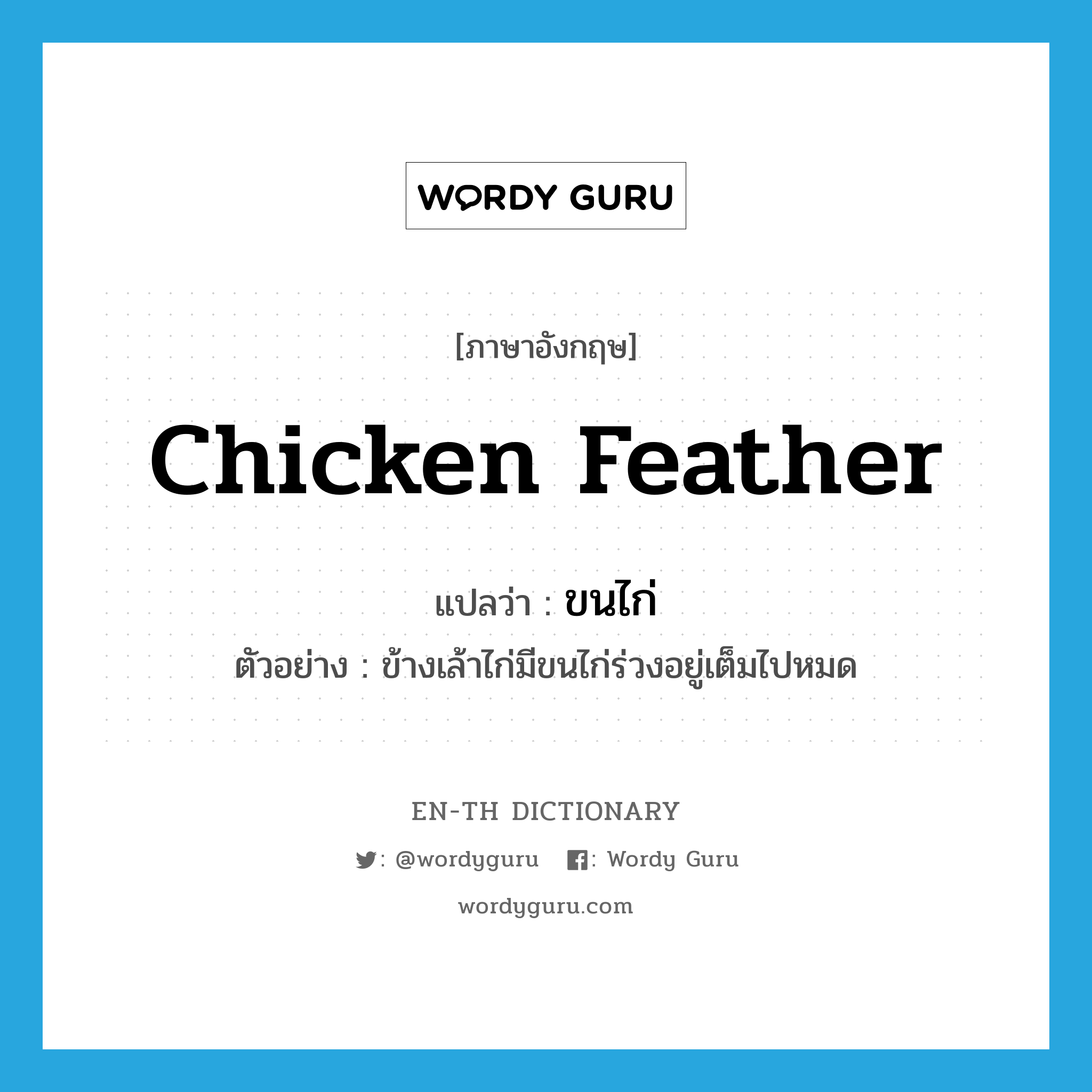 chicken feather แปลว่า?, คำศัพท์ภาษาอังกฤษ chicken feather แปลว่า ขนไก่ ประเภท N ตัวอย่าง ข้างเล้าไก่มีขนไก่ร่วงอยู่เต็มไปหมด หมวด N