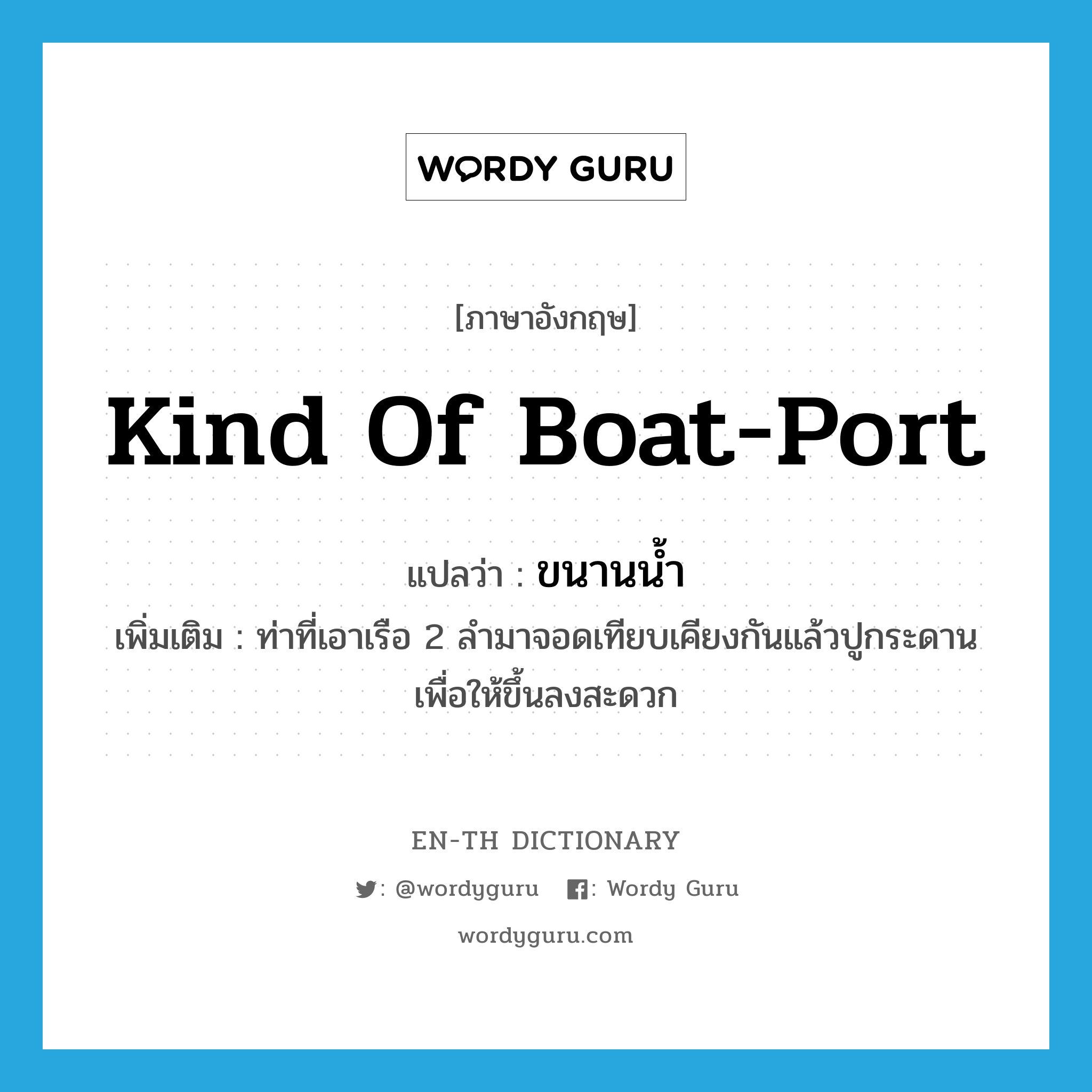kind of boat-port แปลว่า?, คำศัพท์ภาษาอังกฤษ kind of boat-port แปลว่า ขนานน้ำ ประเภท N เพิ่มเติม ท่าที่เอาเรือ 2 ลำมาจอดเทียบเคียงกันแล้วปูกระดานเพื่อให้ขึ้นลงสะดวก หมวด N