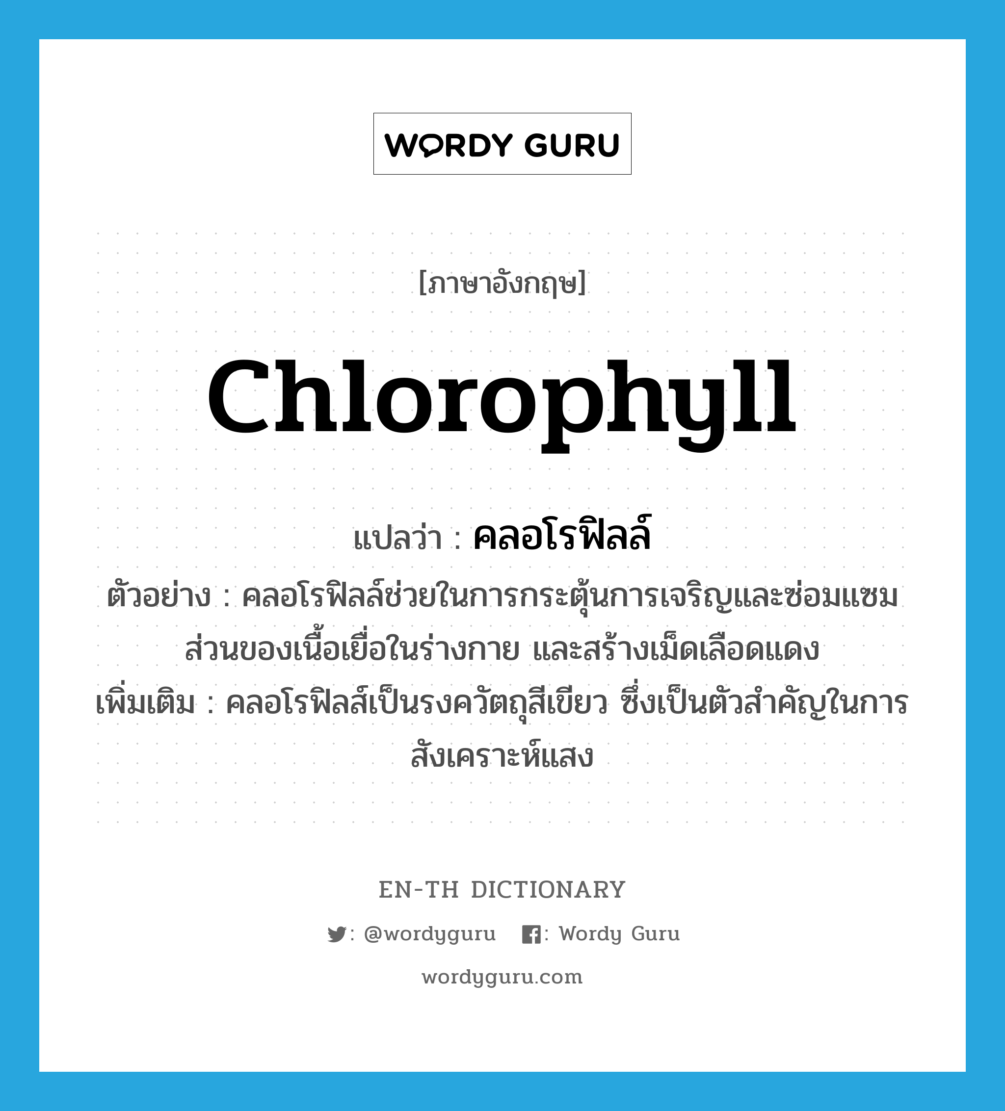 chlorophyll แปลว่า?, คำศัพท์ภาษาอังกฤษ chlorophyll แปลว่า คลอโรฟิลล์ ประเภท N ตัวอย่าง คลอโรฟิลล์ช่วยในการกระตุ้นการเจริญและซ่อมแซมส่วนของเนื้อเยื่อในร่างกาย และสร้างเม็ดเลือดแดง เพิ่มเติม คลอโรฟิลส์เป็นรงควัตถุสีเขียว ซึ่งเป็นตัวสำคัญในการสังเคราะห์แสง หมวด N