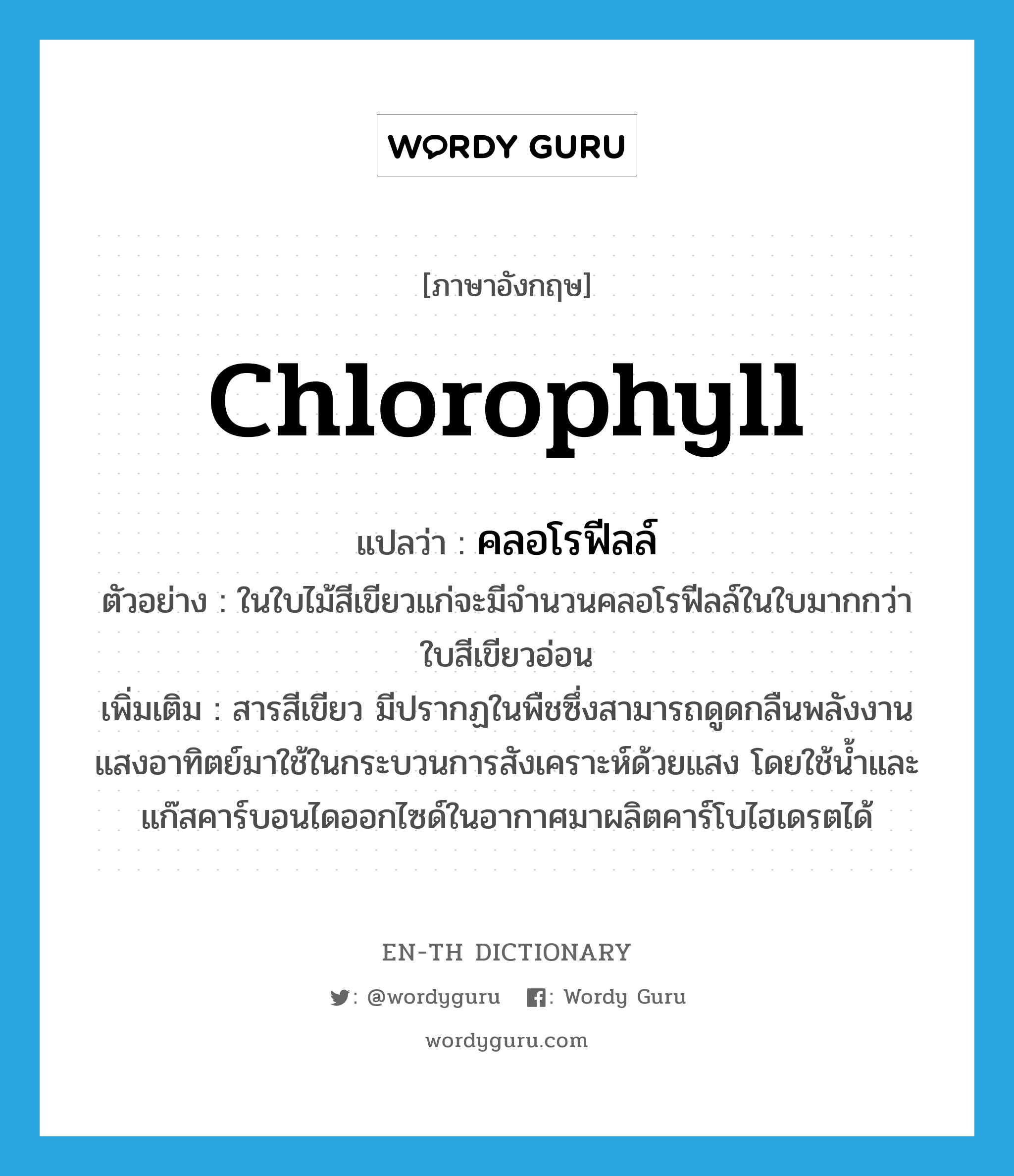 chlorophyll แปลว่า?, คำศัพท์ภาษาอังกฤษ chlorophyll แปลว่า คลอโรฟีลล์ ประเภท N ตัวอย่าง ในใบไม้สีเขียวแก่จะมีจำนวนคลอโรฟีลล์ในใบมากกว่าใบสีเขียวอ่อน เพิ่มเติม สารสีเขียว มีปรากฏในพืชซึ่งสามารถดูดกลืนพลังงานแสงอาทิตย์มาใช้ในกระบวนการสังเคราะห์ด้วยแสง โดยใช้น้ำและแก๊สคาร์บอนไดออกไซด์ในอากาศมาผลิตคาร์โบไฮเดรตได้ หมวด N