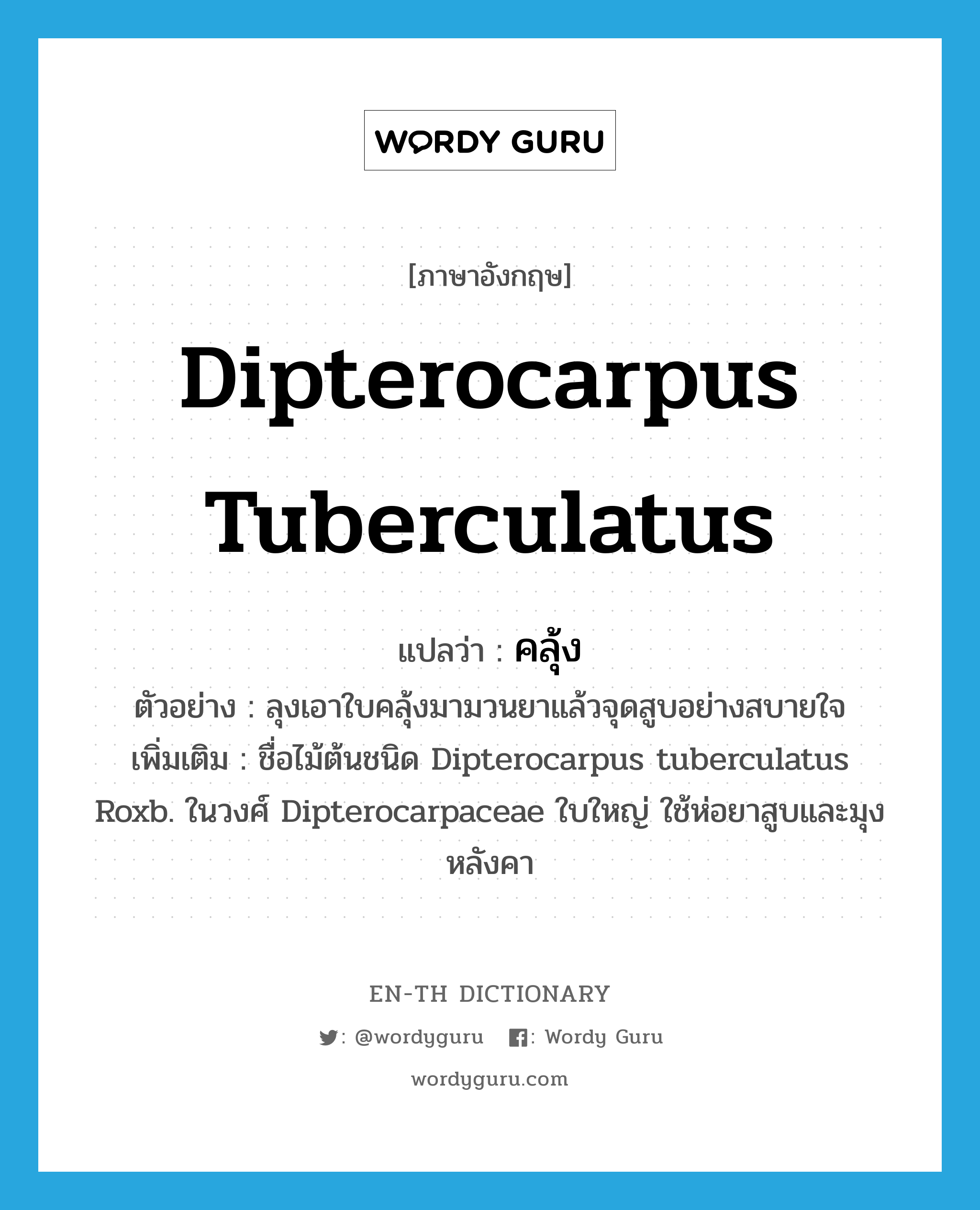 คลุ้ง ภาษาอังกฤษ?, คำศัพท์ภาษาอังกฤษ คลุ้ง แปลว่า Dipterocarpus tuberculatus ประเภท N ตัวอย่าง ลุงเอาใบคลุ้งมามวนยาแล้วจุดสูบอย่างสบายใจ เพิ่มเติม ชื่อไม้ต้นชนิด Dipterocarpus tuberculatus Roxb. ในวงศ์ Dipterocarpaceae ใบใหญ่ ใช้ห่อยาสูบและมุงหลังคา หมวด N