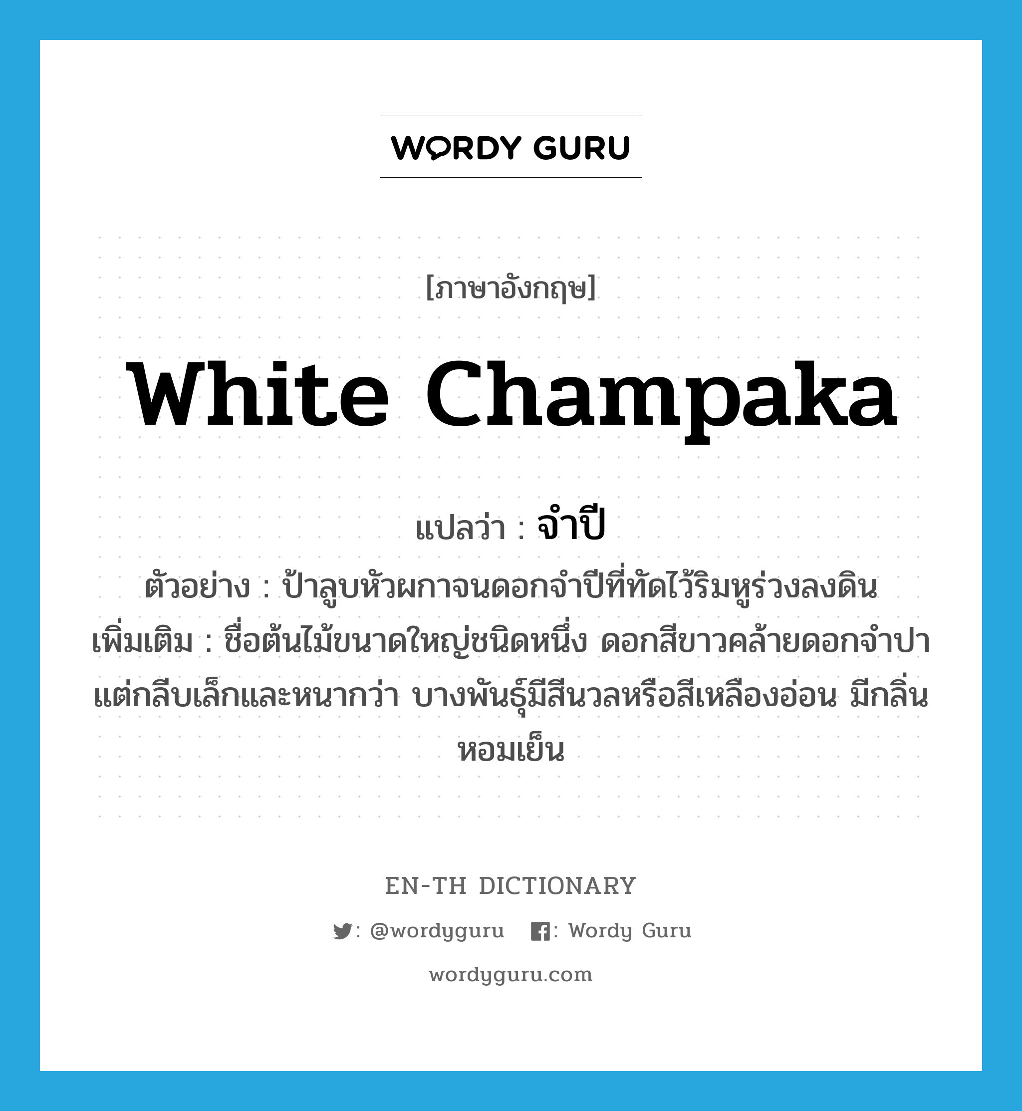 White Champaka แปลว่า?, คำศัพท์ภาษาอังกฤษ White Champaka แปลว่า จำปี ประเภท N ตัวอย่าง ป้าลูบหัวผกาจนดอกจำปีที่ทัดไว้ริมหูร่วงลงดิน เพิ่มเติม ชื่อต้นไม้ขนาดใหญ่ชนิดหนึ่ง ดอกสีขาวคล้ายดอกจำปา แต่กลีบเล็กและหนากว่า บางพันธุ์มีสีนวลหรือสีเหลืองอ่อน มีกลิ่นหอมเย็น หมวด N
