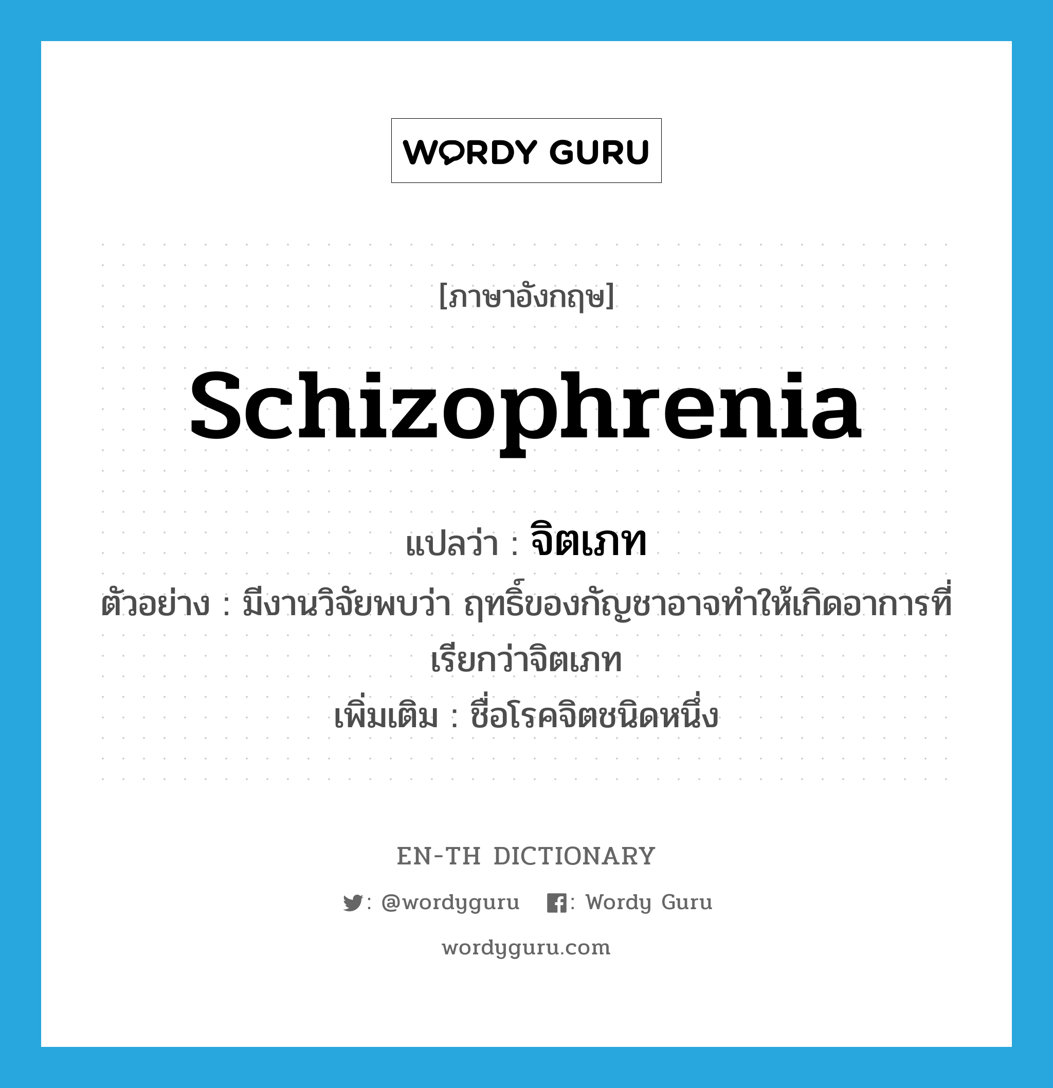 schizophrenia แปลว่า?, คำศัพท์ภาษาอังกฤษ schizophrenia แปลว่า จิตเภท ประเภท N ตัวอย่าง มีงานวิจัยพบว่า ฤทธิ์ของกัญชาอาจทำให้เกิดอาการที่เรียกว่าจิตเภท เพิ่มเติม ชื่อโรคจิตชนิดหนึ่ง หมวด N