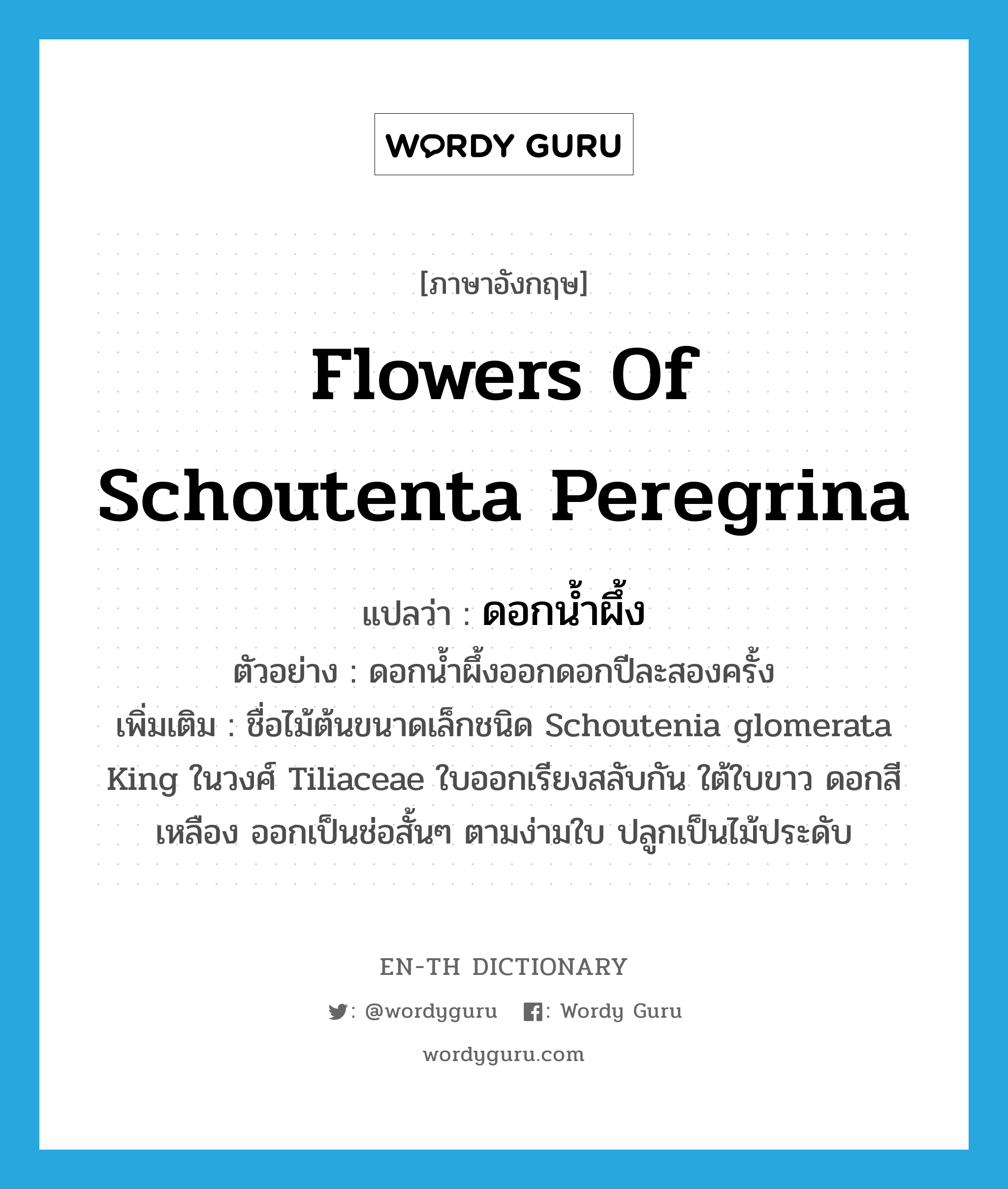 flowers of Schoutenta peregrina แปลว่า?, คำศัพท์ภาษาอังกฤษ flowers of Schoutenta peregrina แปลว่า ดอกน้ำผึ้ง ประเภท N ตัวอย่าง ดอกน้ำผึ้งออกดอกปีละสองครั้ง เพิ่มเติม ชื่อไม้ต้นขนาดเล็กชนิด Schoutenia glomerata King ในวงศ์ Tiliaceae ใบออกเรียงสลับกัน ใต้ใบขาว ดอกสีเหลือง ออกเป็นช่อสั้นๆ ตามง่ามใบ ปลูกเป็นไม้ประดับ หมวด N