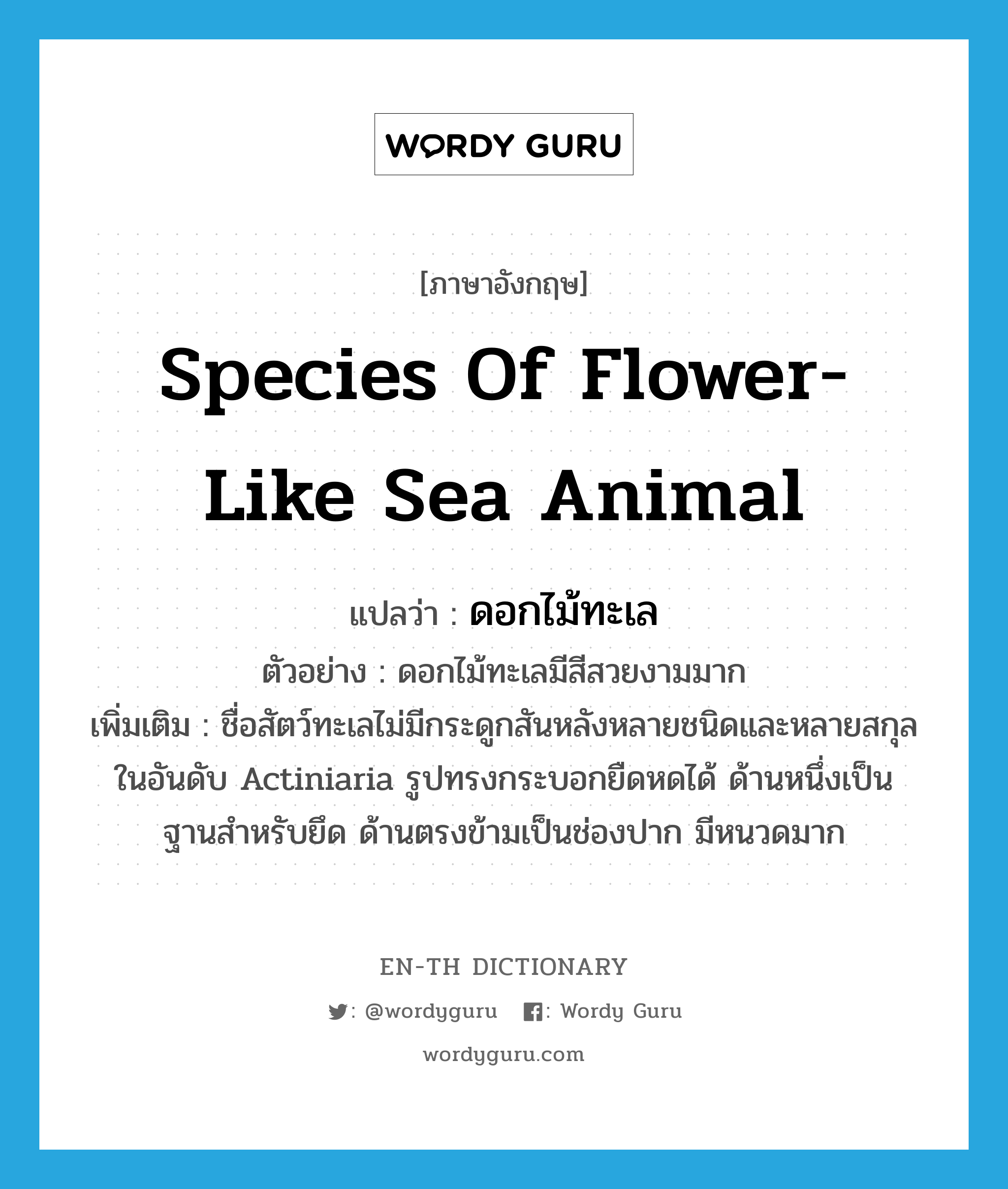 ดอกไม้ทะเล ภาษาอังกฤษ?, คำศัพท์ภาษาอังกฤษ ดอกไม้ทะเล แปลว่า species of flower-like sea animal ประเภท N ตัวอย่าง ดอกไม้ทะเลมีสีสวยงามมาก เพิ่มเติม ชื่อสัตว์ทะเลไม่มีกระดูกสันหลังหลายชนิดและหลายสกุล ในอันดับ Actiniaria รูปทรงกระบอกยืดหดได้ ด้านหนึ่งเป็นฐานสำหรับยึด ด้านตรงข้ามเป็นช่องปาก มีหนวดมาก หมวด N