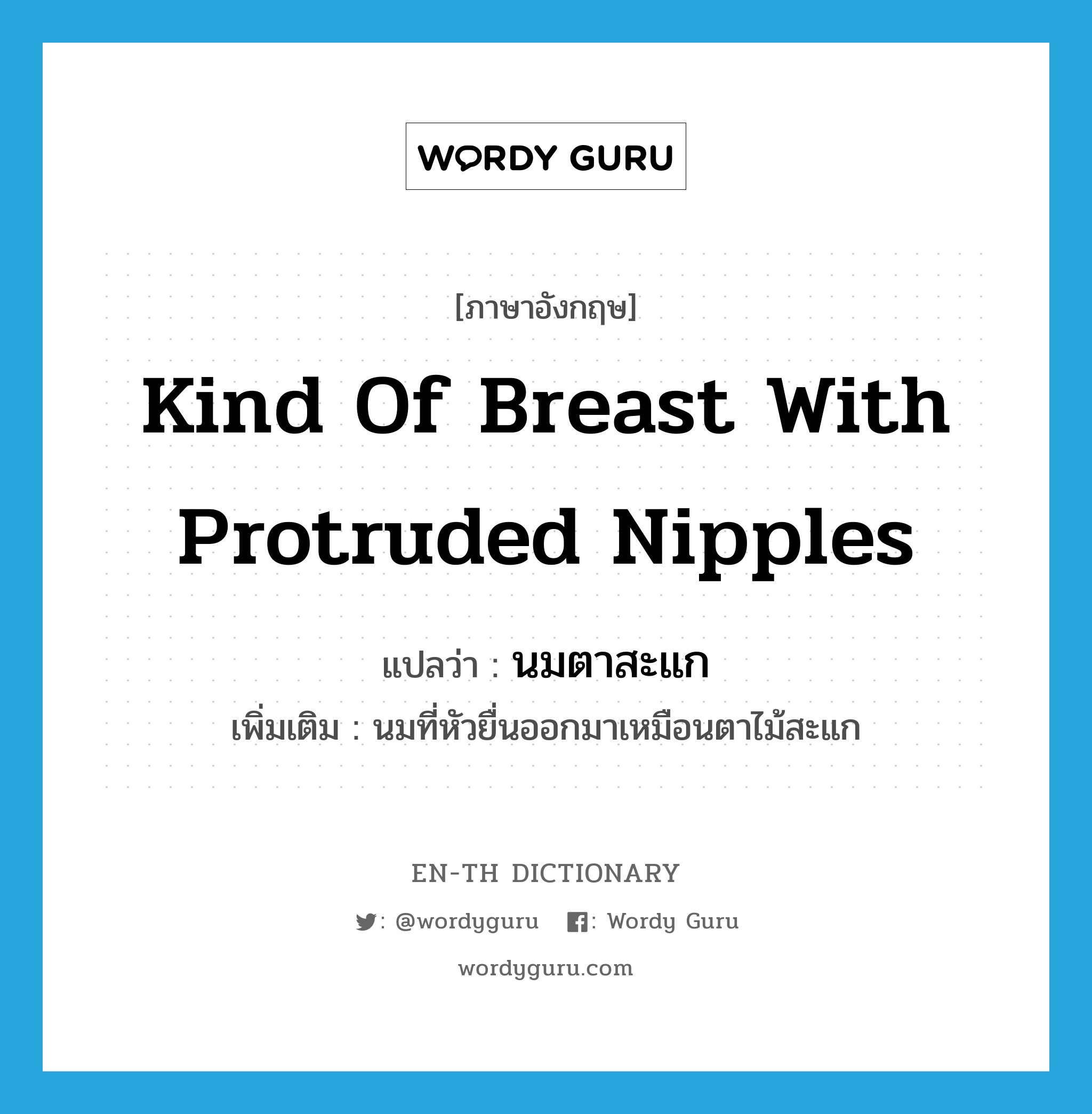 kind of breast with protruded nipples แปลว่า?, คำศัพท์ภาษาอังกฤษ kind of breast with protruded nipples แปลว่า นมตาสะแก ประเภท N เพิ่มเติม นมที่หัวยื่นออกมาเหมือนตาไม้สะแก หมวด N