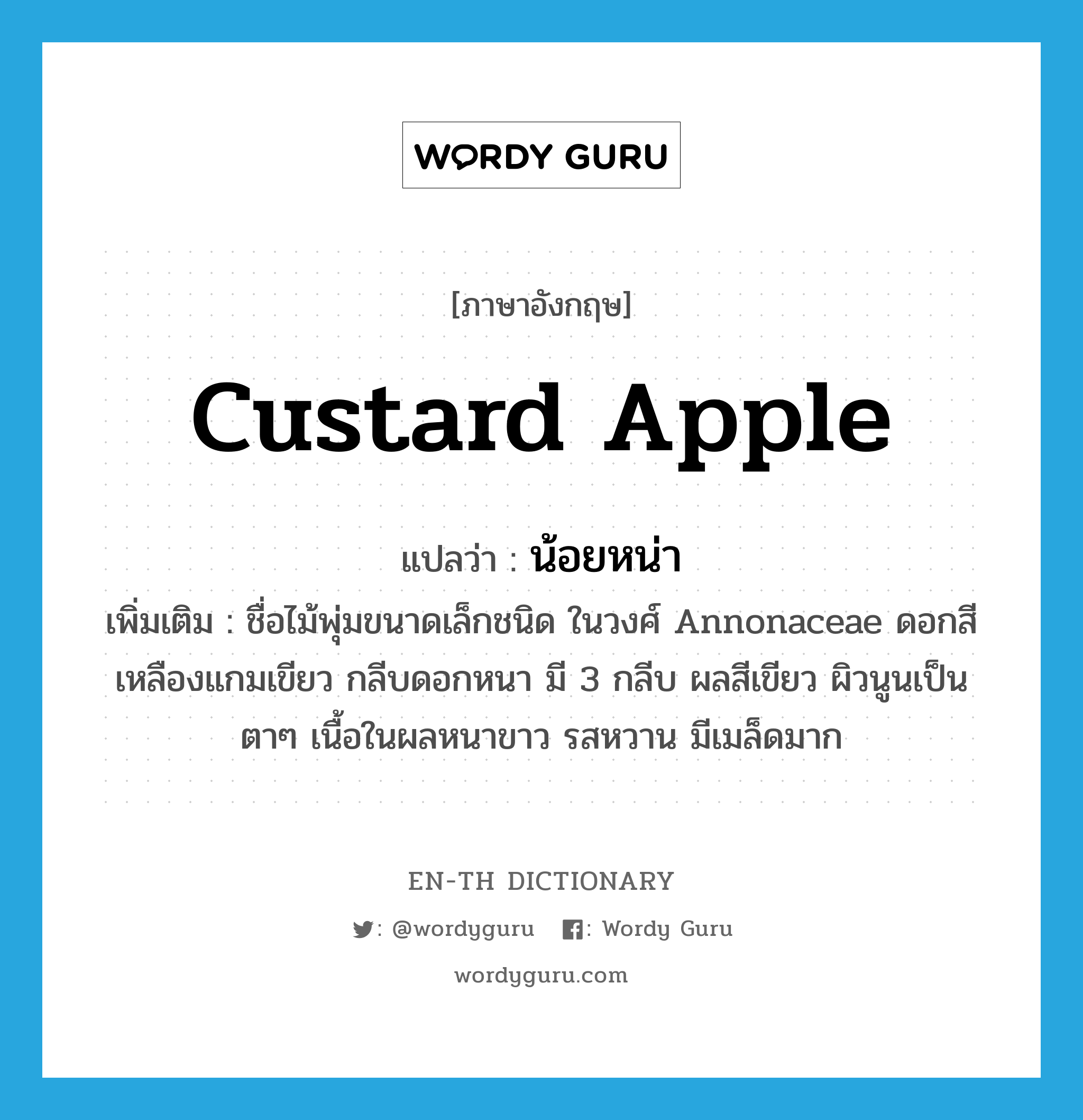 custard apple แปลว่า?, คำศัพท์ภาษาอังกฤษ custard apple แปลว่า น้อยหน่า ประเภท N เพิ่มเติม ชื่อไม้พุ่มขนาดเล็กชนิด ในวงศ์ Annonaceae ดอกสีเหลืองแกมเขียว กลีบดอกหนา มี 3 กลีบ ผลสีเขียว ผิวนูนเป็นตาๆ เนื้อในผลหนาขาว รสหวาน มีเมล็ดมาก หมวด N