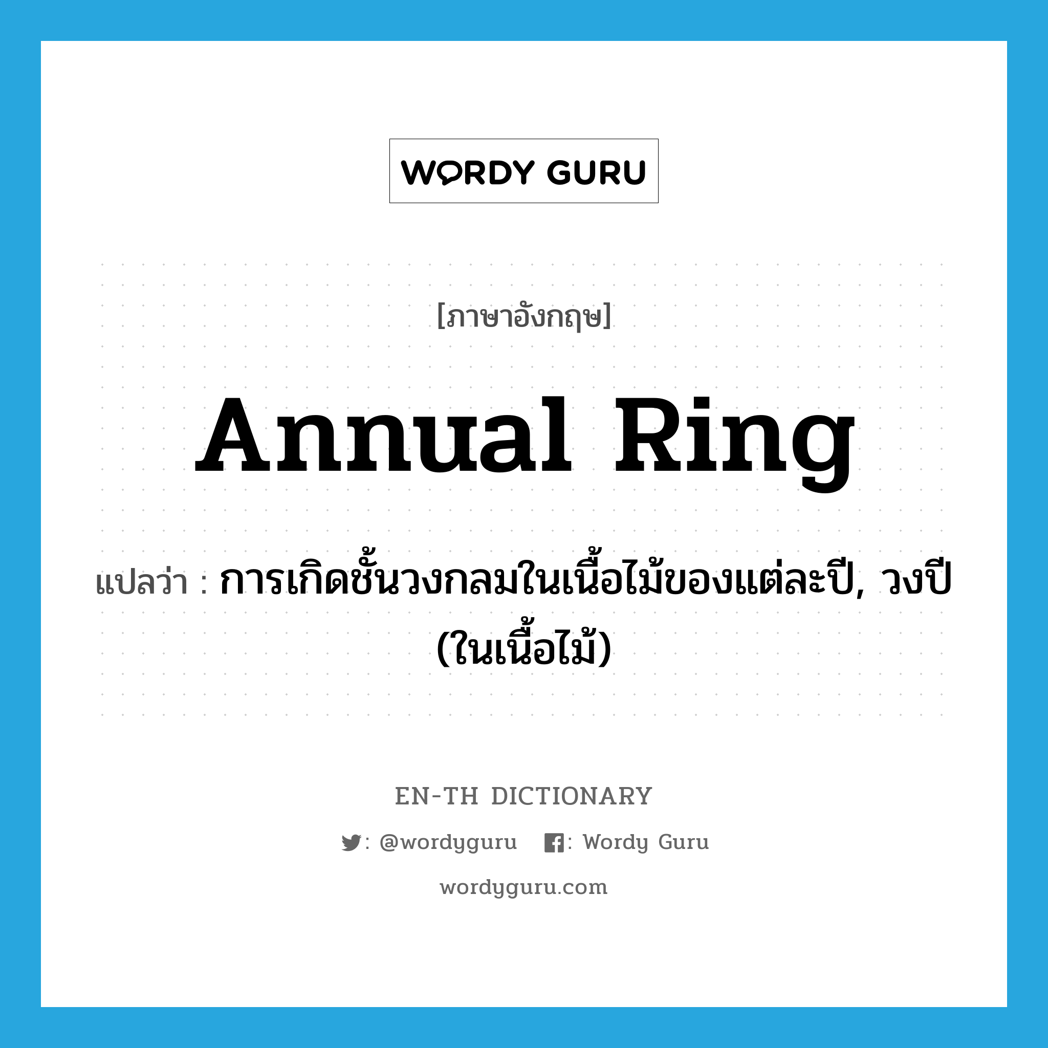 annual ring แปลว่า?, คำศัพท์ภาษาอังกฤษ annual ring แปลว่า การเกิดชั้นวงกลมในเนื้อไม้ของแต่ละปี, วงปี (ในเนื้อไม้) ประเภท N หมวด N