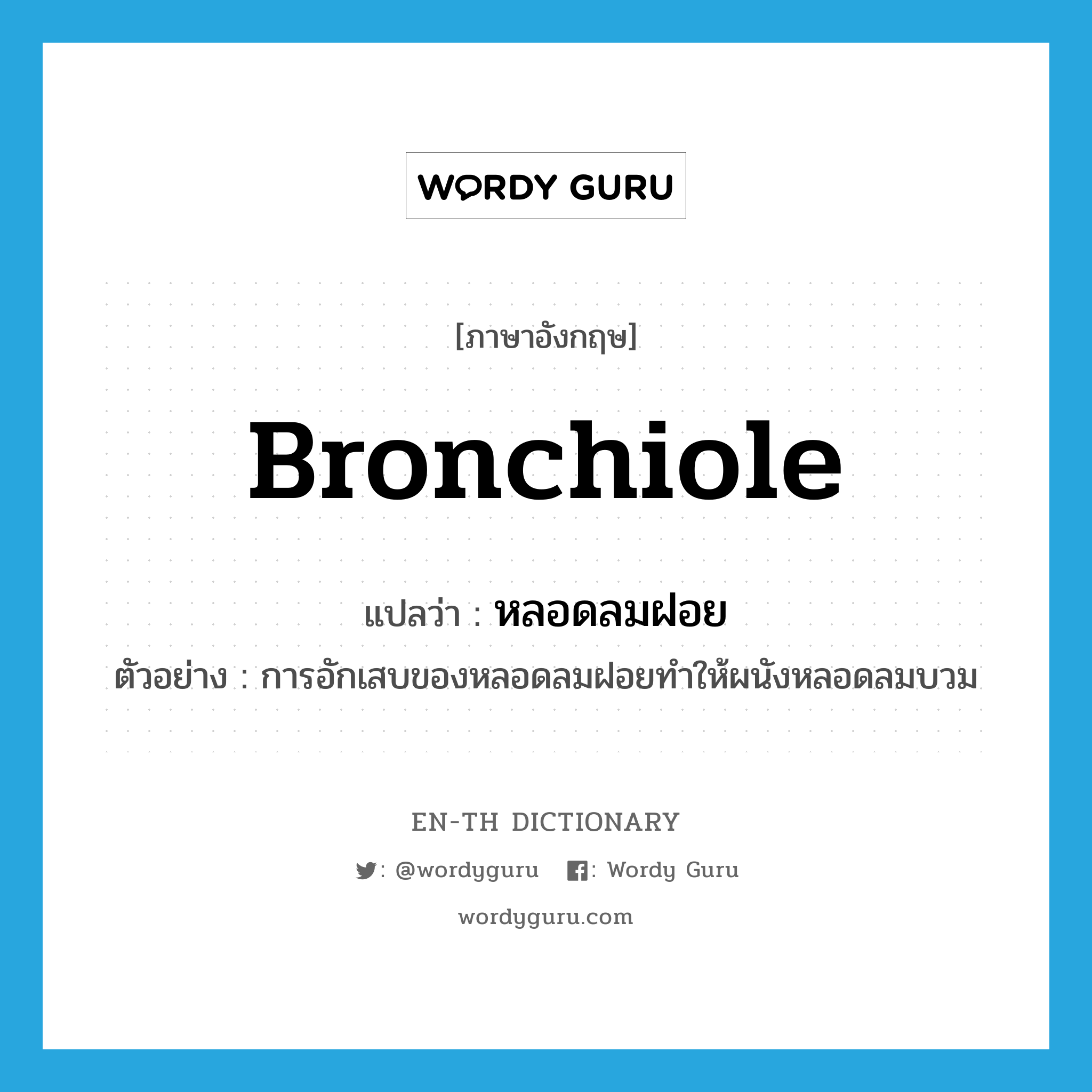 bronchiole แปลว่า?, คำศัพท์ภาษาอังกฤษ bronchiole แปลว่า หลอดลมฝอย ประเภท N ตัวอย่าง การอักเสบของหลอดลมฝอยทำให้ผนังหลอดลมบวม หมวด N