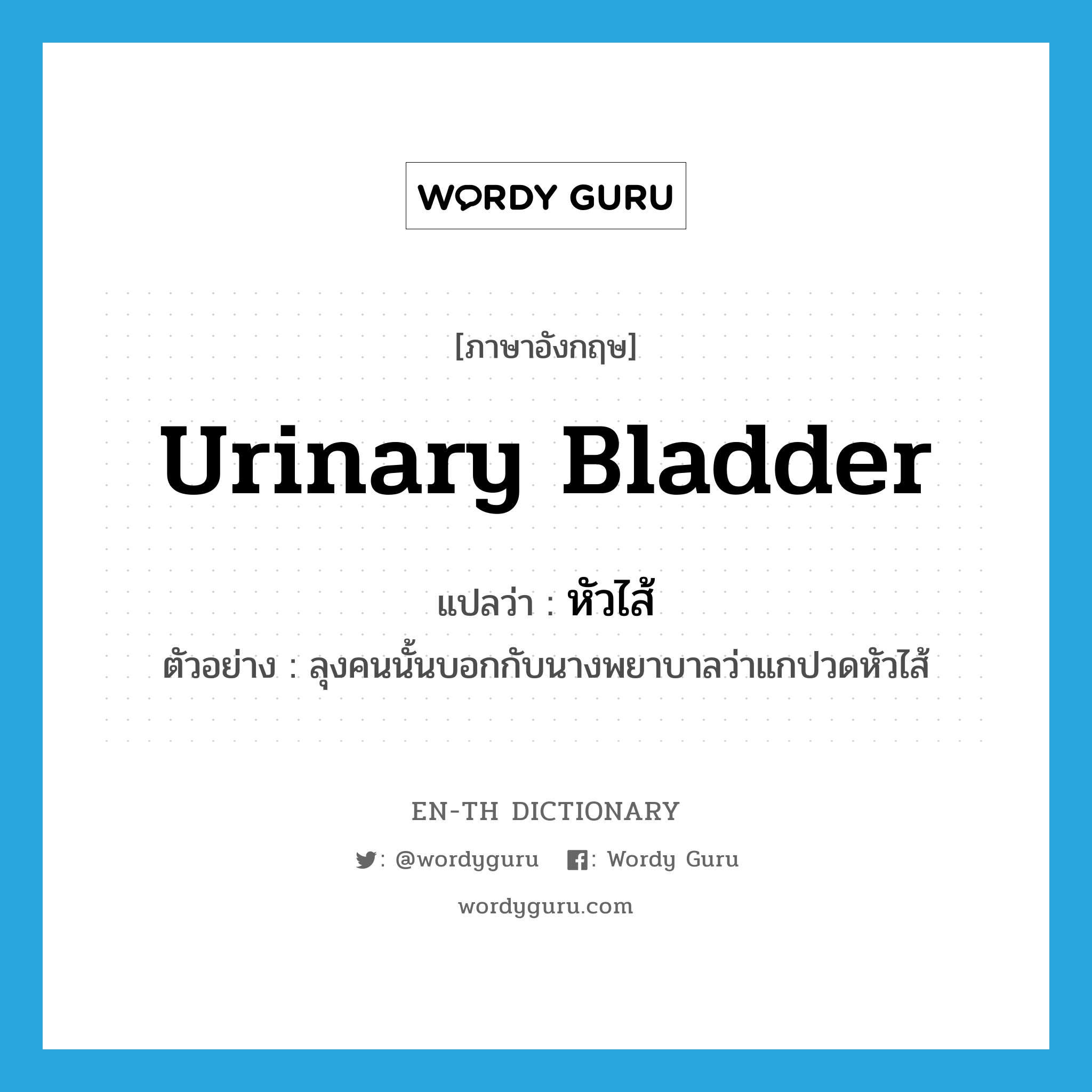 urinary bladder แปลว่า?, คำศัพท์ภาษาอังกฤษ urinary bladder แปลว่า หัวไส้ ประเภท N ตัวอย่าง ลุงคนนั้นบอกกับนางพยาบาลว่าแกปวดหัวไส้ หมวด N